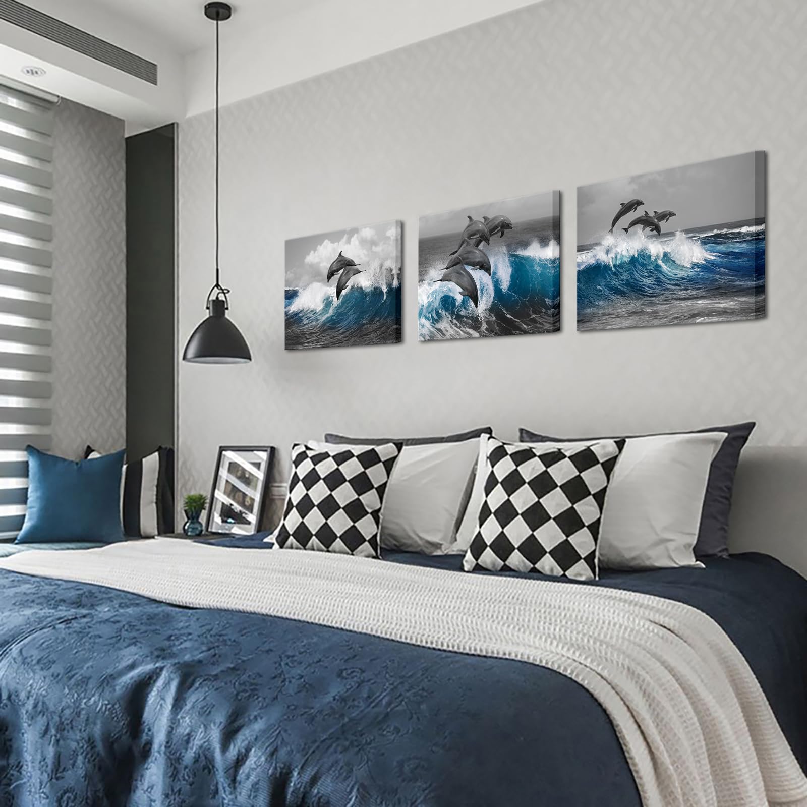 Biuteawal 3 Piece Dolphin Wall Art Grey Blue Ocean Sea Animal Picture Bathroom Decor Marine Painting Prints on Canvas Framed Home Child Bedroom Bathroom Wall Decoration Ready to Hang