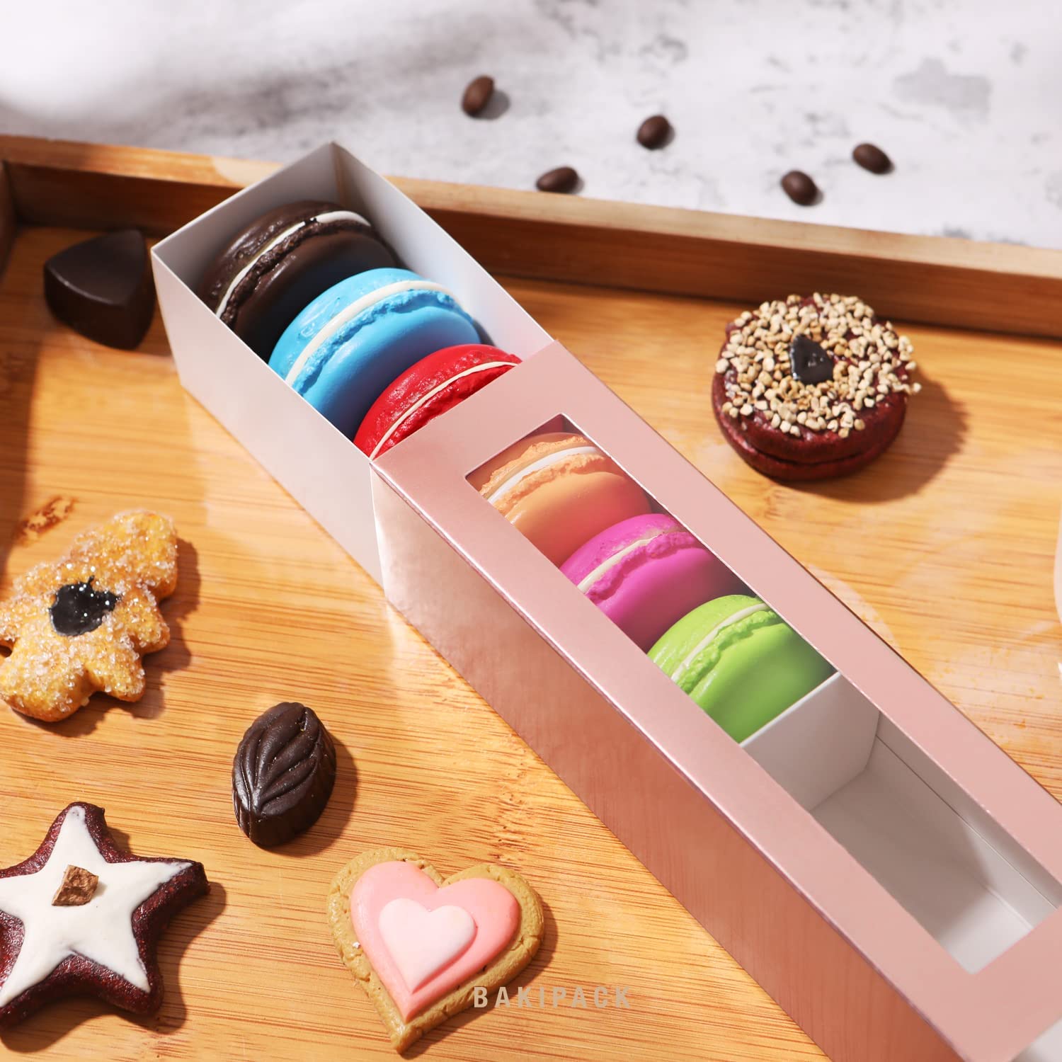 Bakipack 25 Macaron Boxes For 6 Macarons Rose Gold Macaron Boxes With Interior Measurement 7.3'' X 1.9'' X 1.9'' Macarons Gift B