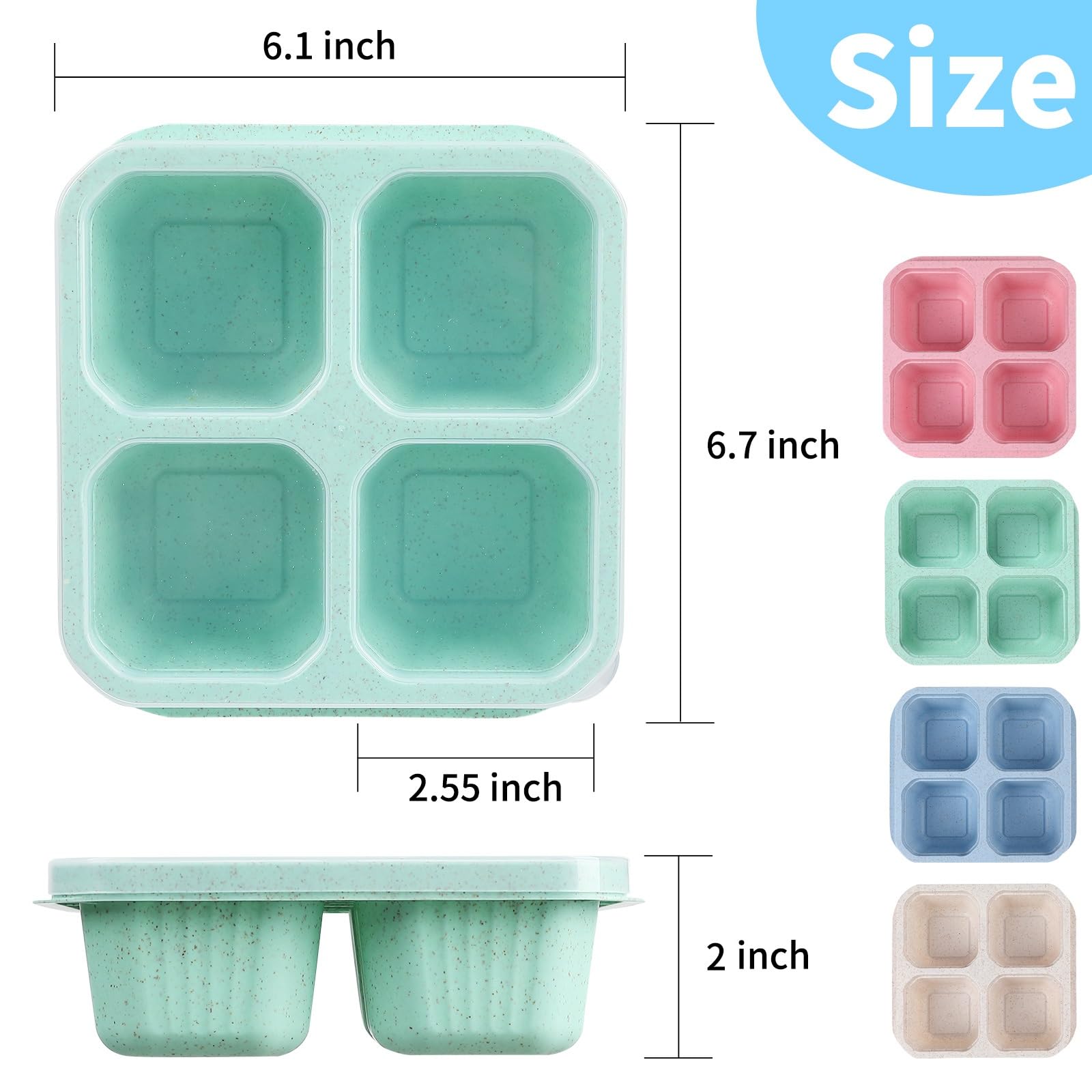 Buluker 4 Pack Bento Snack Containers Set, 4 Compartment Food Storage Containers Wheat Straw Meal Prep Lunch Box Plastic Food St