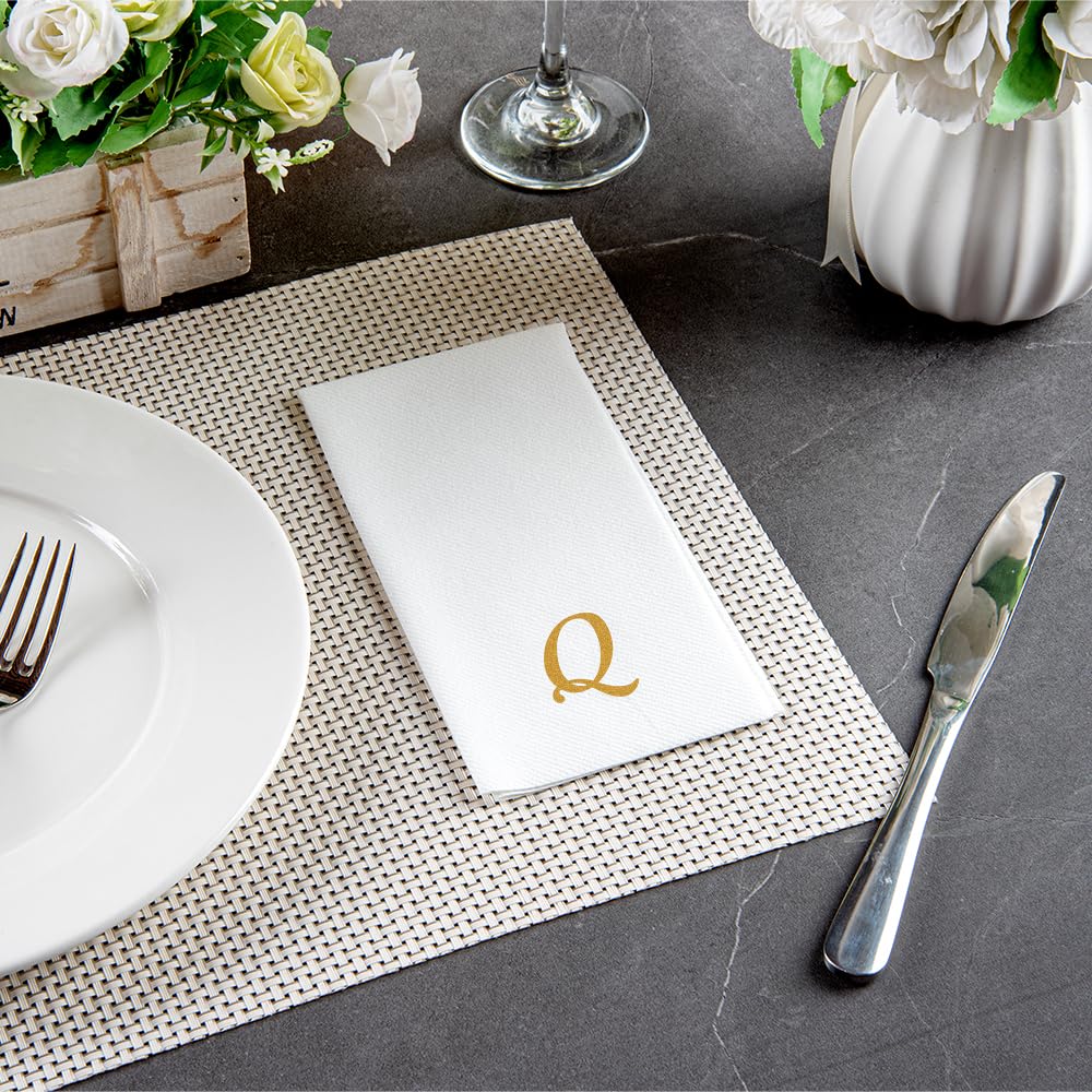Luxenap 15.8 X 7.9 Inch Linen-Feel Guest Towels, 50 Lettered Hand Towels - Gold Letter 'Q', Cursive Font, White Paper Dinner Nap