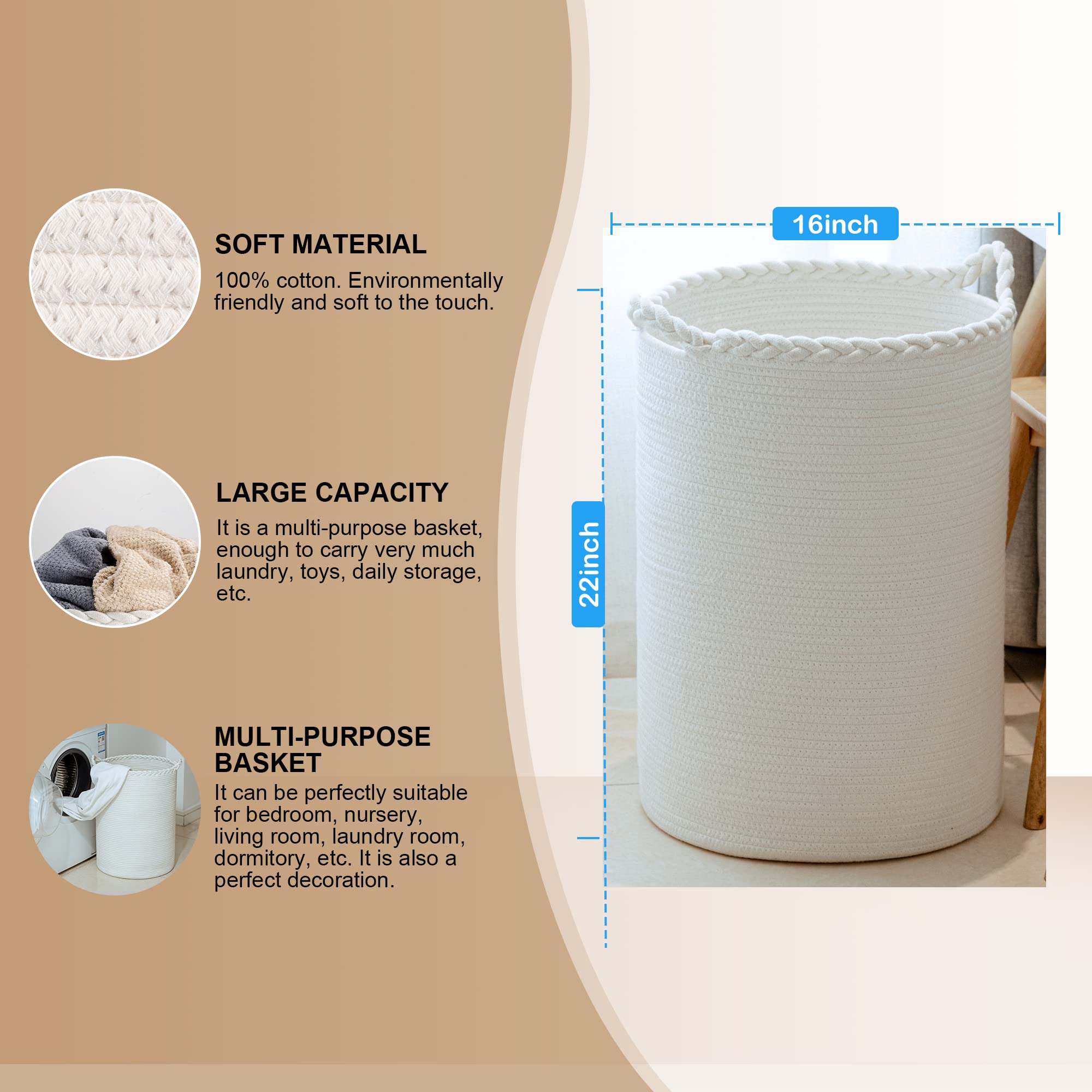 Homlikelan 72L Woven Laundry Hamper,Cotton Tall Wicker Laundry Basket For Blankets,Clothes,Pillows,Toys,Shoes Large Laundry Bin
