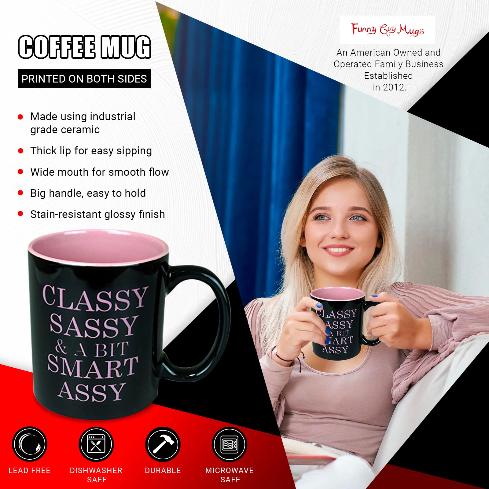 Funny Guy Mugs Classy Sassy and A Bit Smart Assy Ceramic Coffee Mug - 11oz - Ideal Funny Coffee Mug for Women and Men - Hilarious Novelty Coffee Cup with Witty Sayings