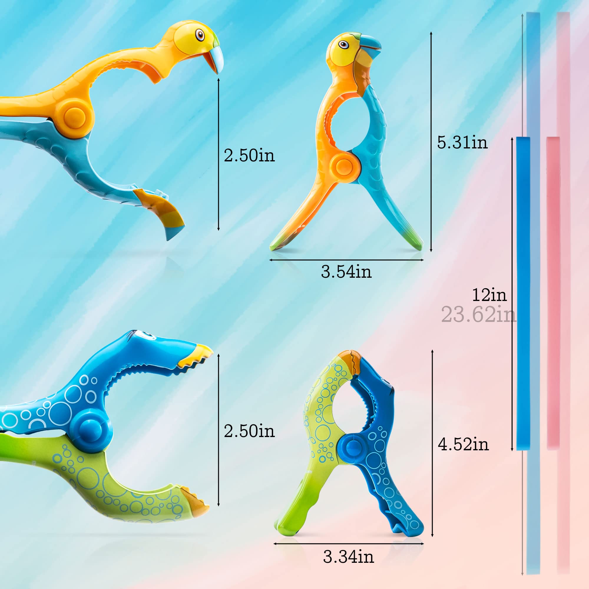 4 Pack Parrot Fish Beach Towel Clips Plus 2 Pack Beach Towel Bands, Towel Holder For Beach Chairs Jumbo Size Windproof Clothespi