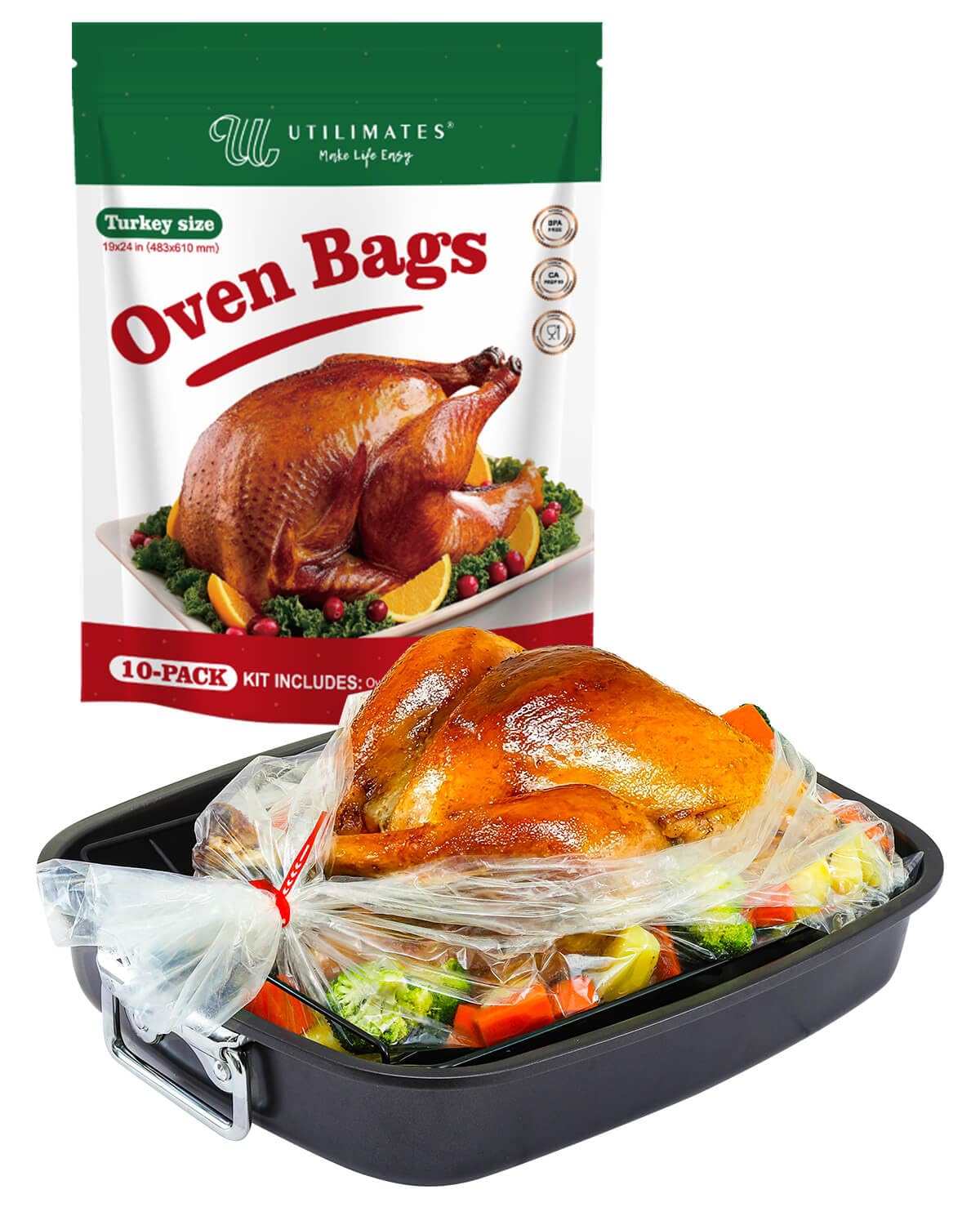 UTILIMATES Turkey Bags for Oven Hold 15 20 25 lb Turkey, 10 19x24 BPA Free Nylon Oven Bags with 10 ties, For Versatile Roasting 