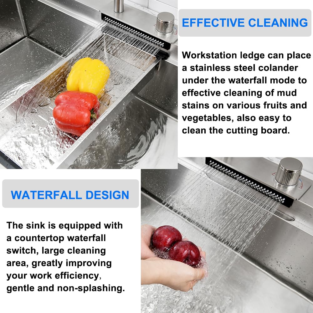 Boomhoze 33-Inch Drop In Waterfall Kitchen Sink Workstation, 33X22 Drop In Kitchen Sink With Waterfall Faucet Single Bowl 16 Gau