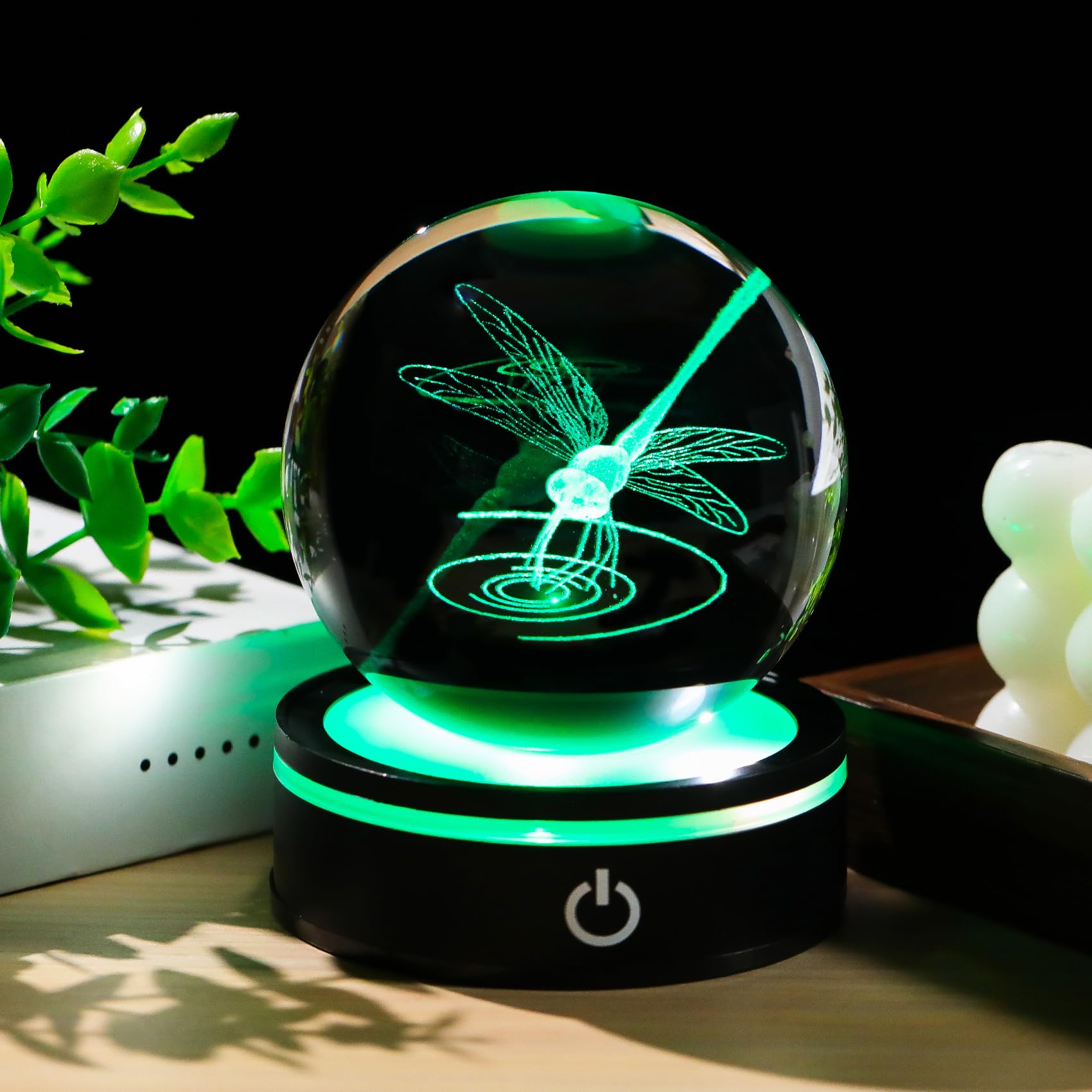 YWHL Crystal Ball 3D Dragonfly Figurine with LED Base, Dragonfly Gifts for Men Women on Christmas Birthday, Glass Animals Insect