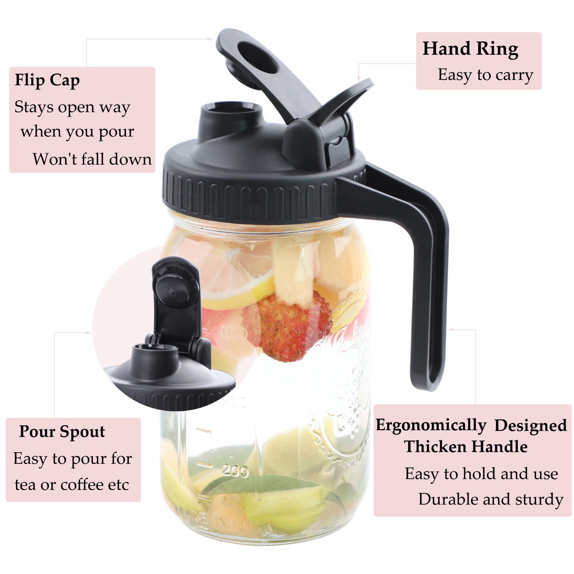 Wide Mouth Mason Jar Lids With Pour Spout And Handle Airtight Leak-Proof With Flip Cap Turns Your Mason Jar Into Pitcher (Jar No