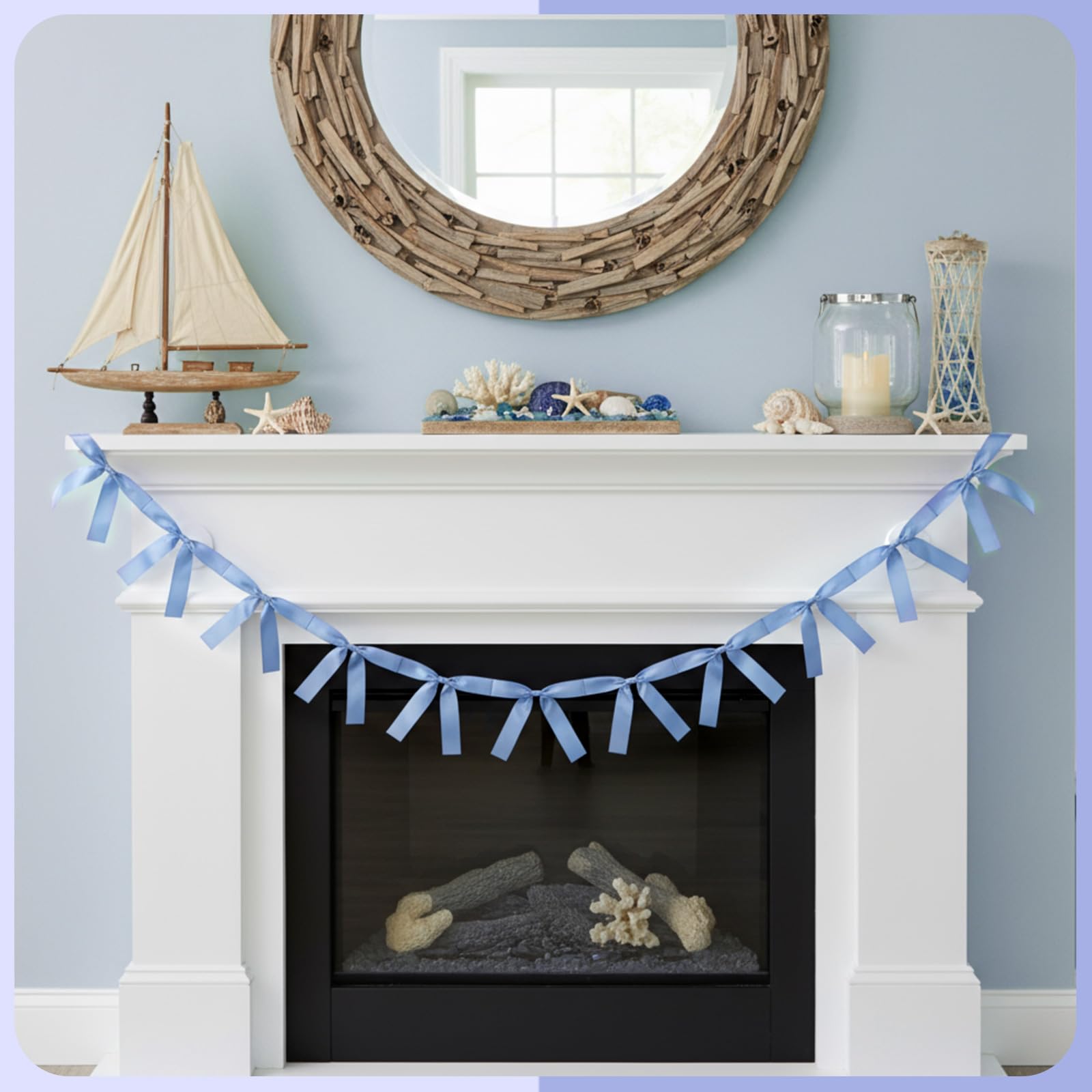 Trandraft 2 Pcs Christmas Bow Garland Banner 16.4 ft Pre-Assembled Dusty Blue Satin Bows Ornaments Christmas Bows Hanging Decors