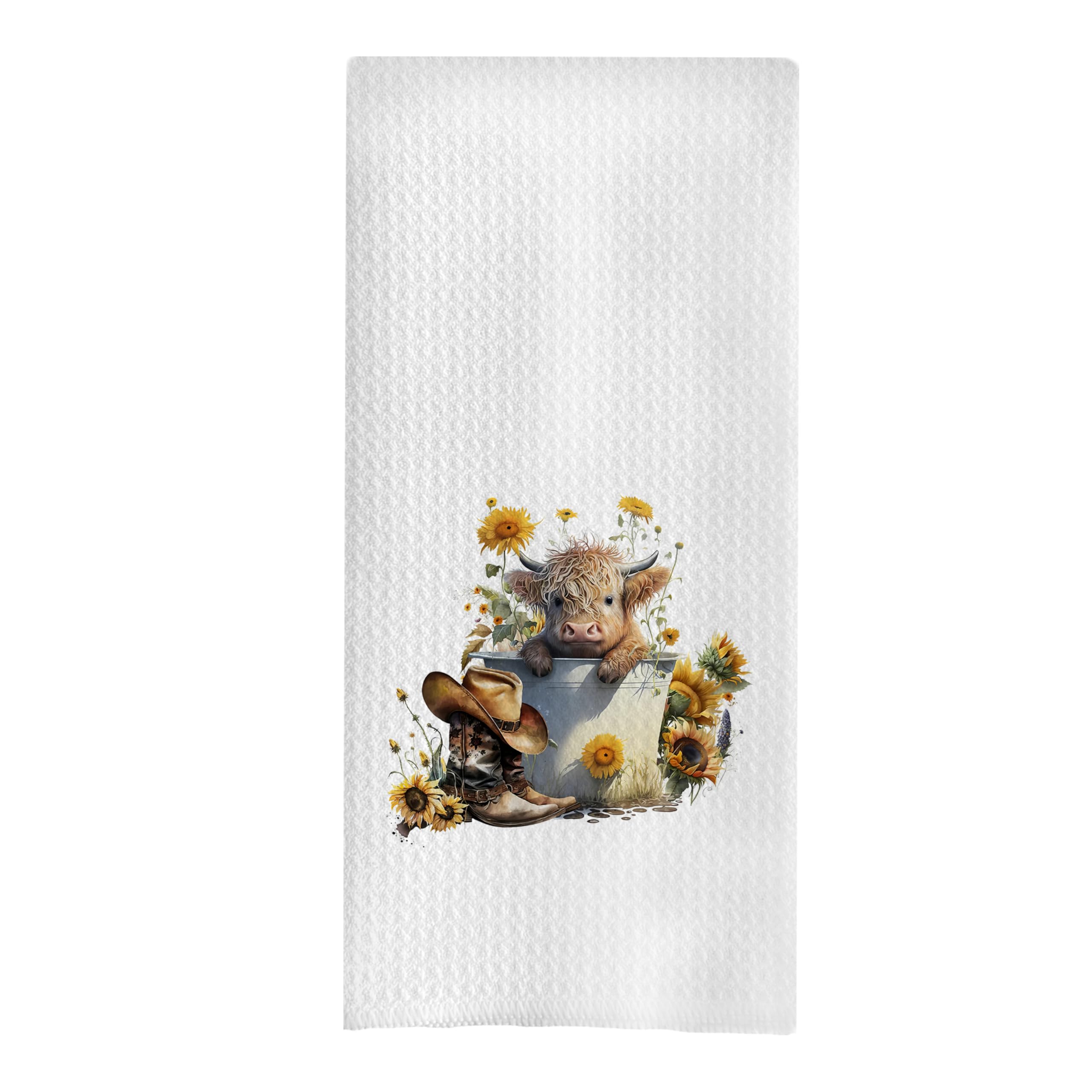 GCFET Highland Cow Dish Towels - Spring Highland Cow Decorative Waffle Kitchen Towels, Western Sunflower Floral Cowgirl Boots Ha