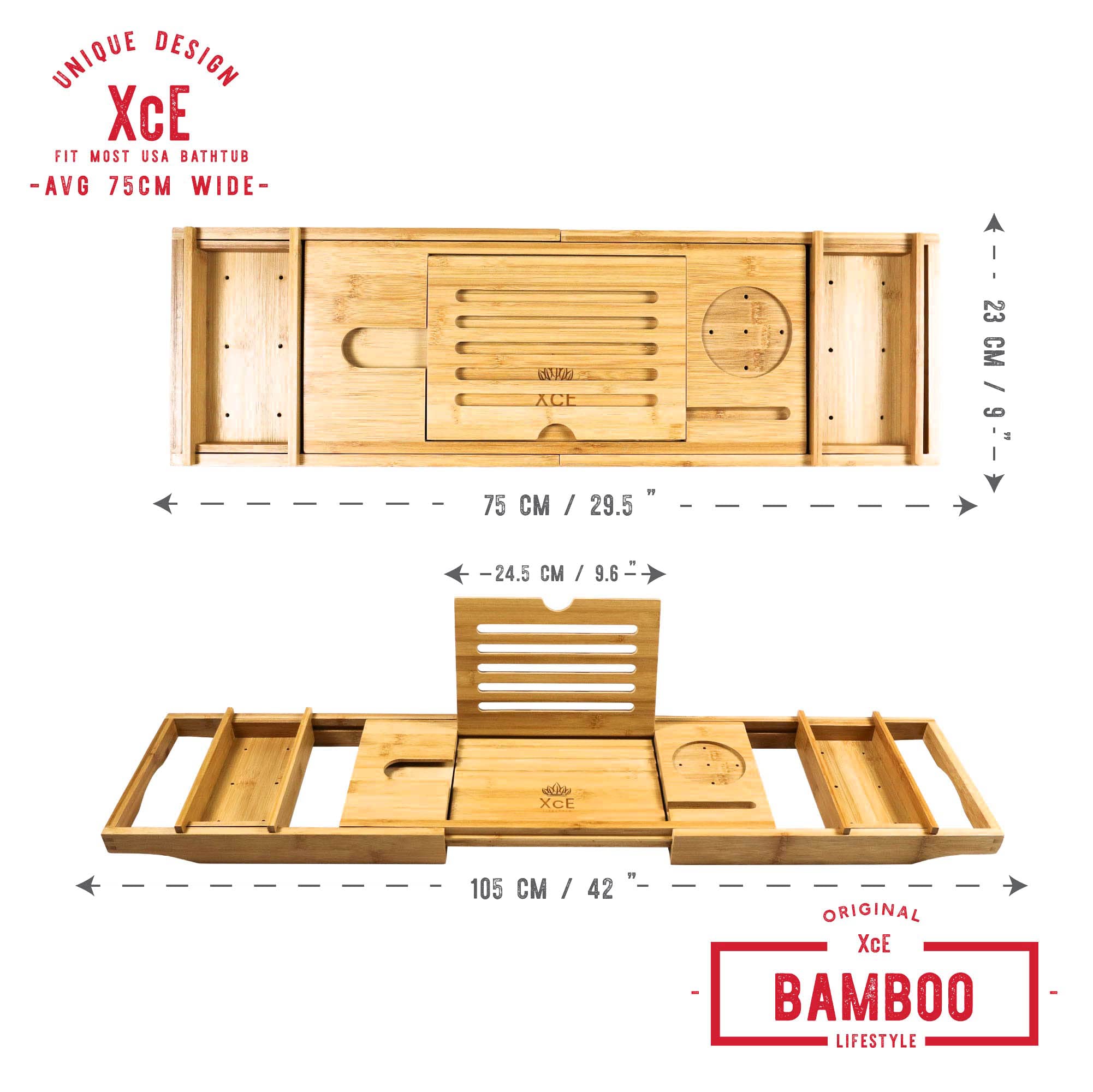 Xce Bathtub Caddy Tray (Natural)- Bamboo Wood Bath Tray And Bath Caddy For A Home Spa Experience