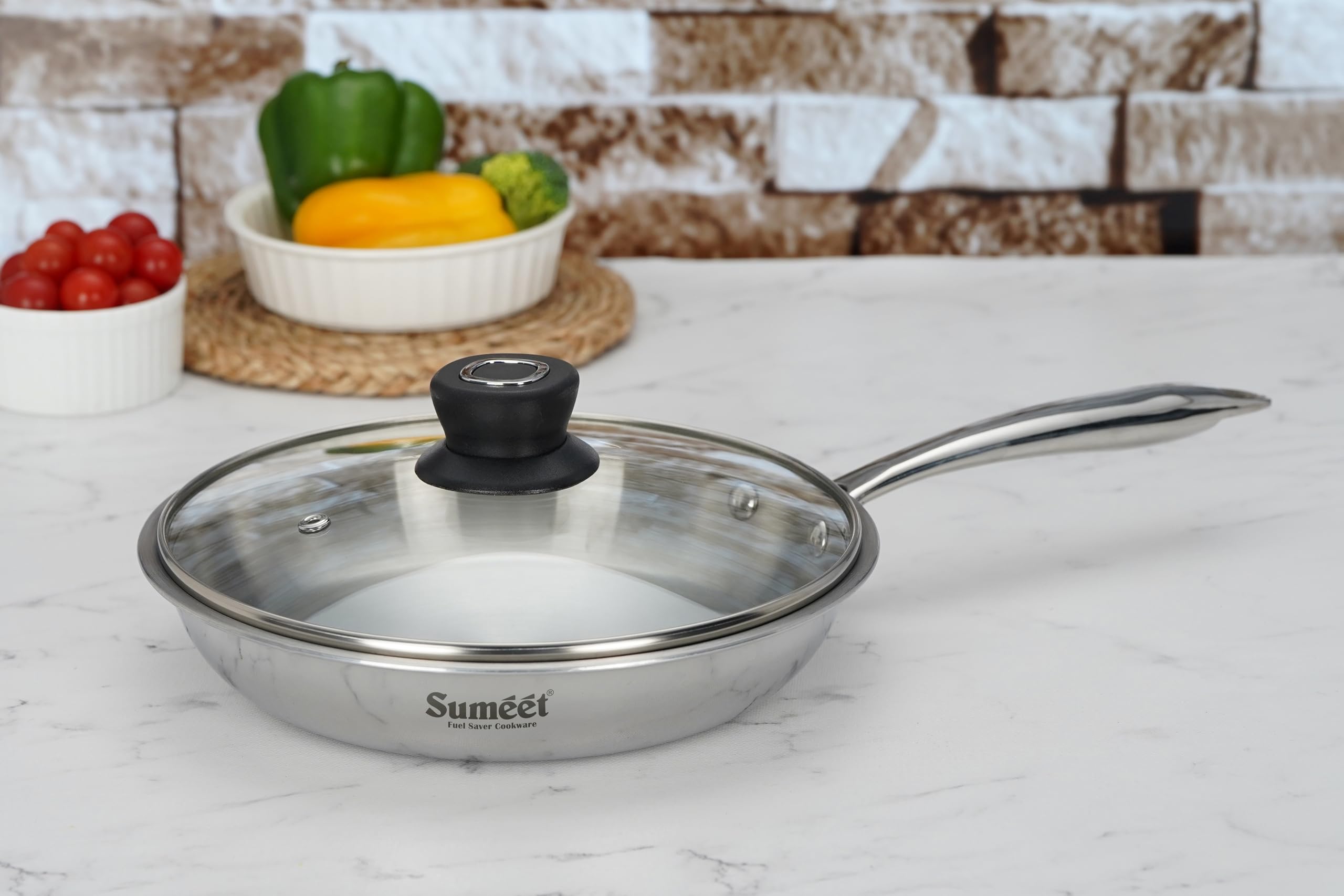 Sumeet Cook Smart TriPly Stainless Steel Induction Base Frypan with Glass Lid - 1 LTR - 20Cm  Pack of 1  Silver