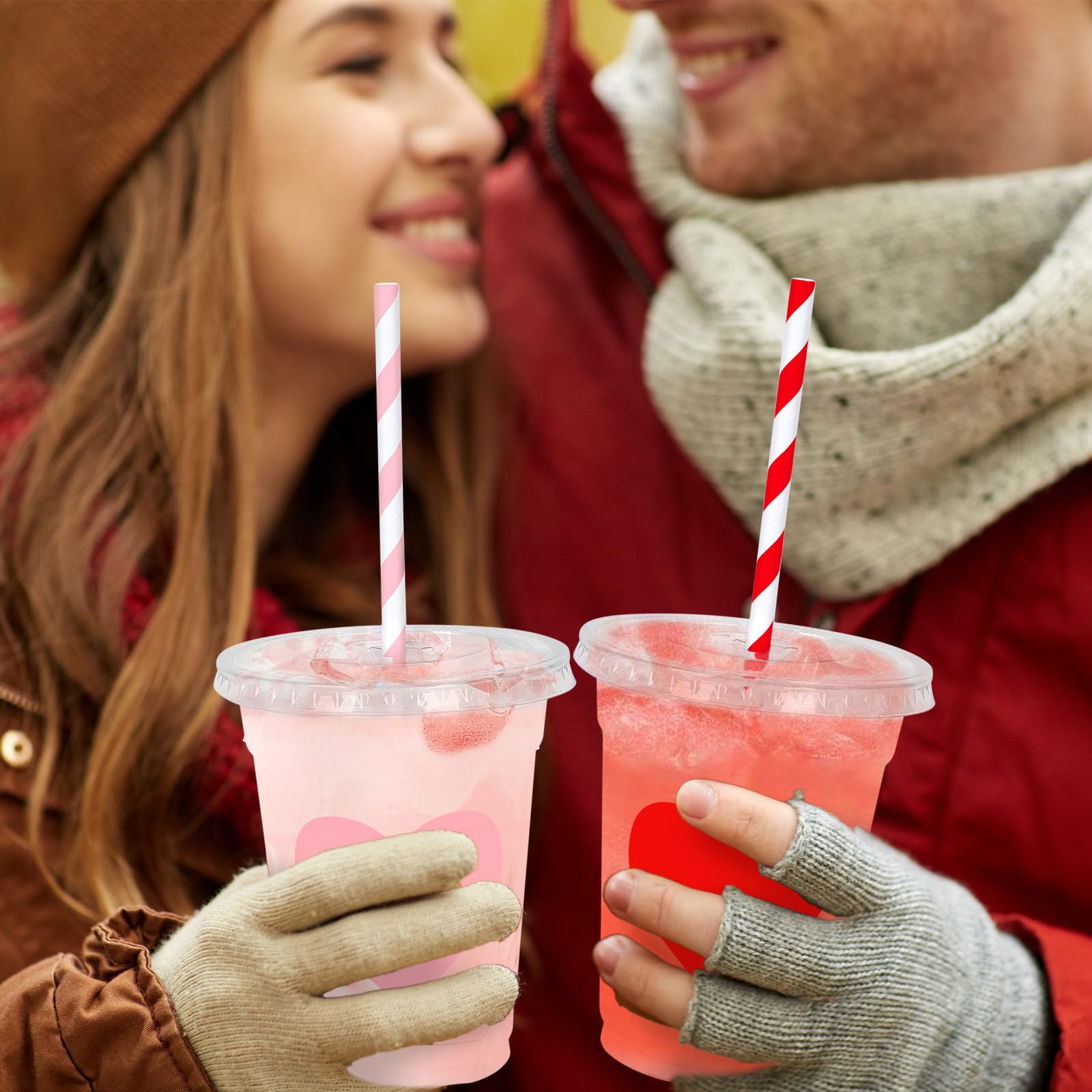 Whaline 50Pcs Valentine'S Day Disposable Plastic Cups With Lids And Straws 12Oz Party Cups Red Pink Cold Beverage Drinking Cups