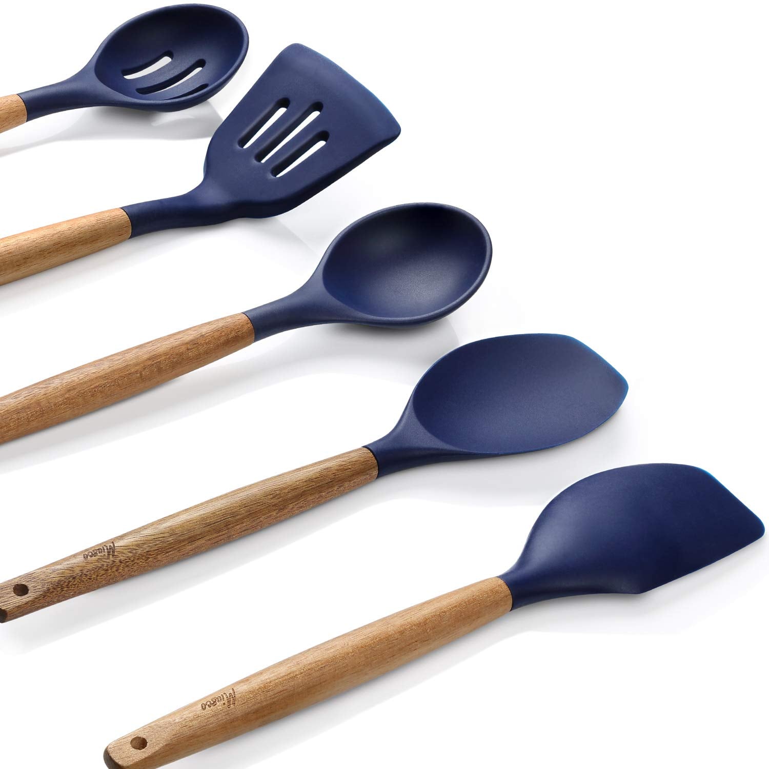 Miusco Non-Stick Silicone Kitchen Utensils Set With Natural Acacia Hard Wood Handle, 5 Piece, Midnight Blue, Bpa Free, Baking &
