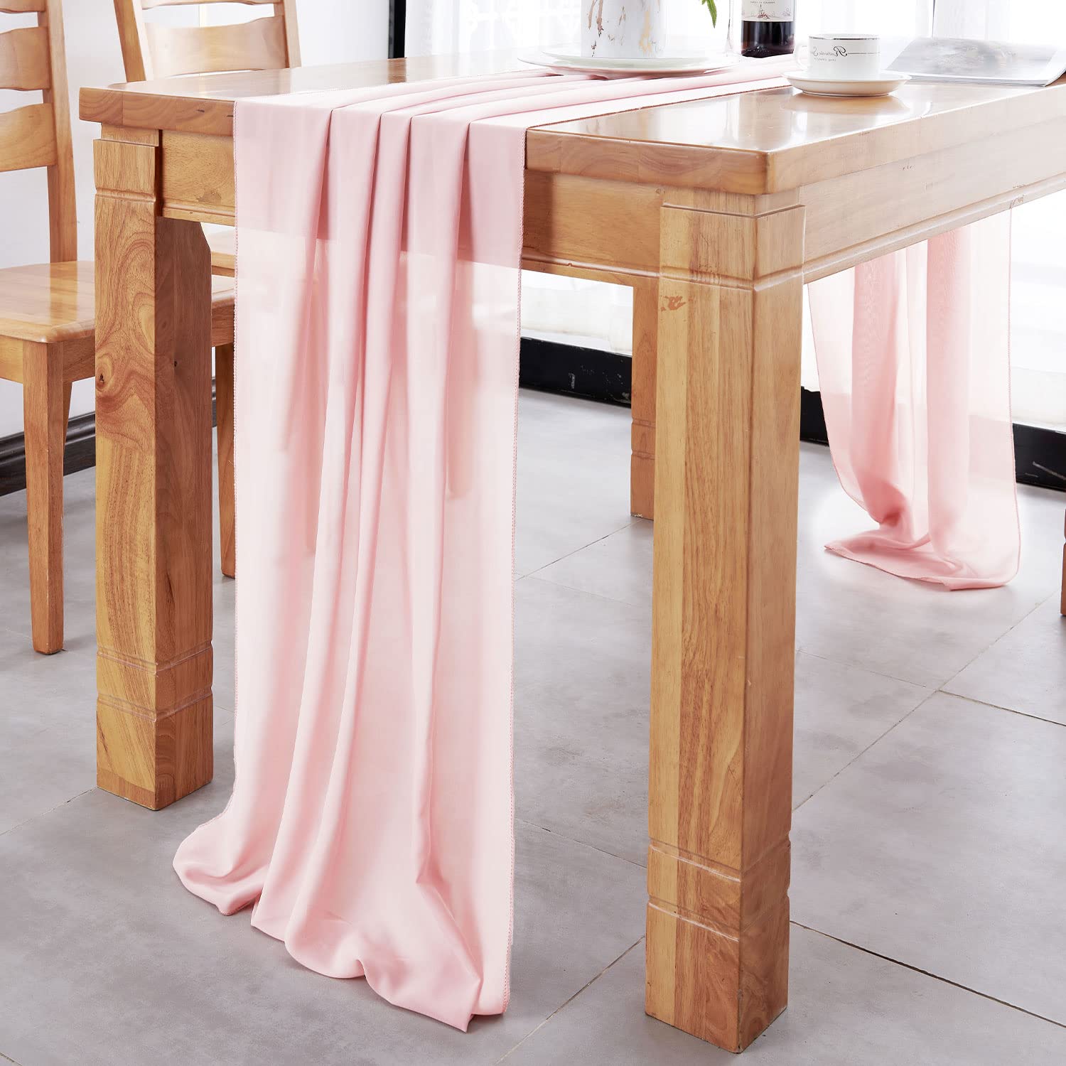 Delovo 2Packs Blushing Pink Table Runner 27X120 Inches Long Sheer Chiffon Table Runner For Wedding Party Banquets Bridal Home Ta