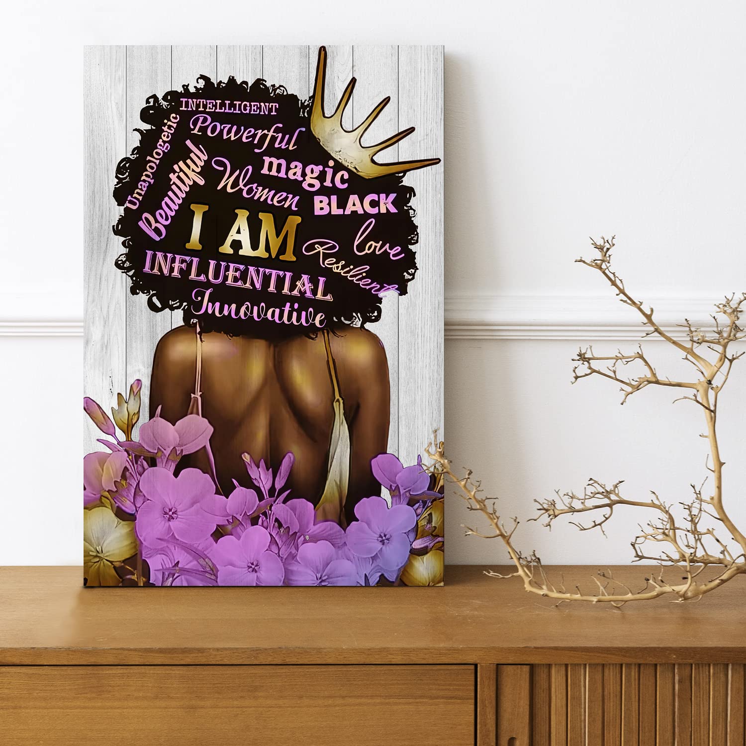 Black Queen Wall Art African American Canvas Wall Art Black Women Purple Flowers Inspirational Quotes Poster Abstract Contempora