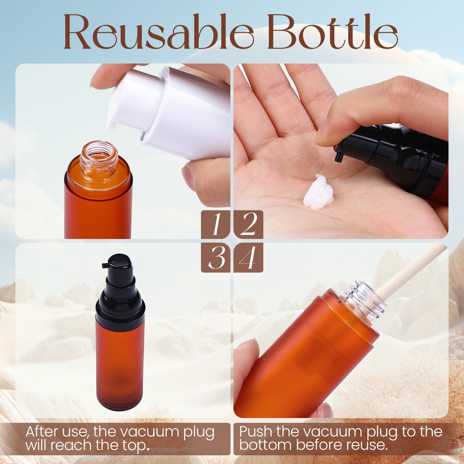Ronrons Airless Pump Bottles, 0.5 Oz Travel Size Dispenser Brown Refillable Pump Bottle Containers For Skincare Serum Lotion Fou