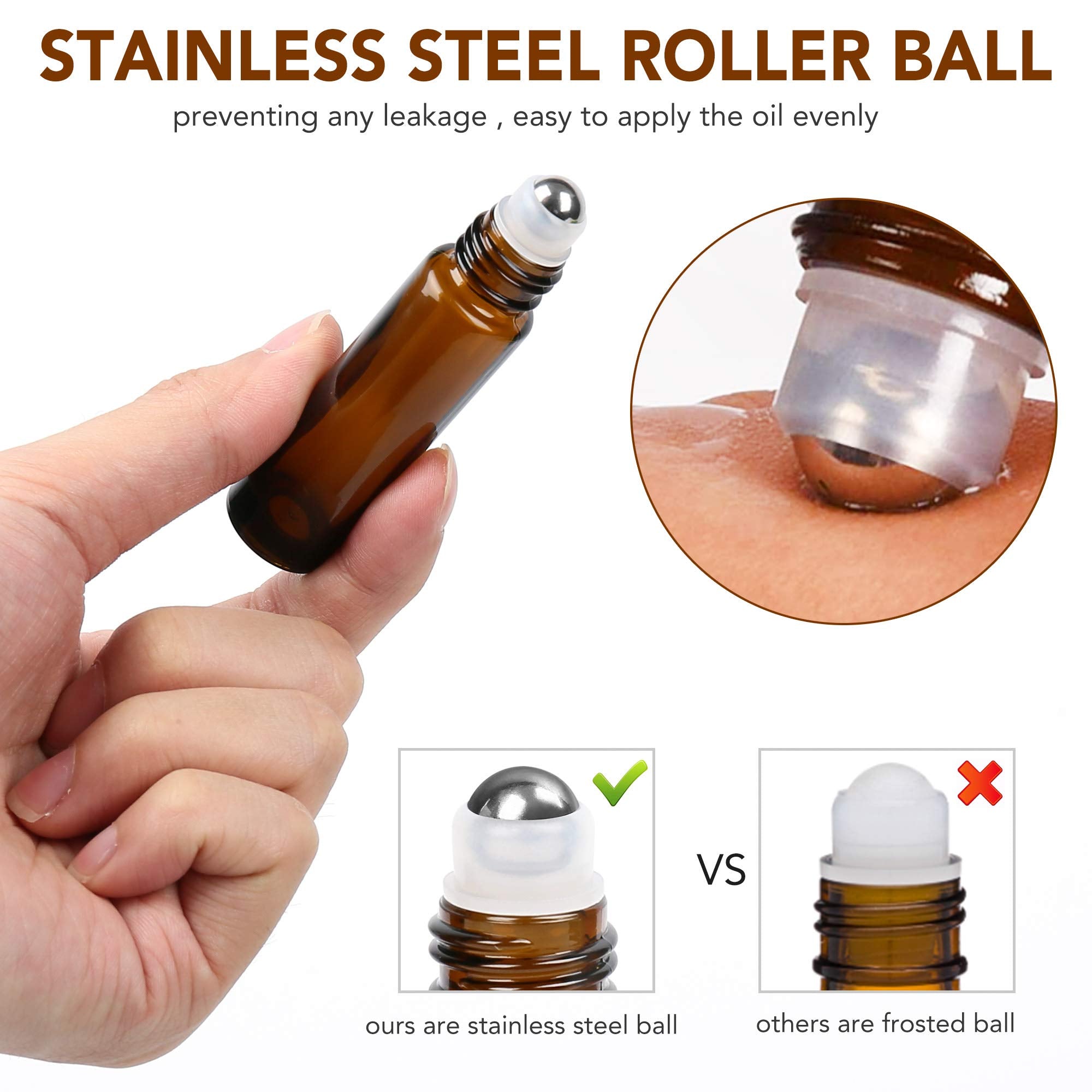 Lotfancy Essential Oil Roller Bottles, 6Pc 10Ml Amber Glass Bottle With Stainless Steel Roller Balls And Caps, Leakproof Perfume