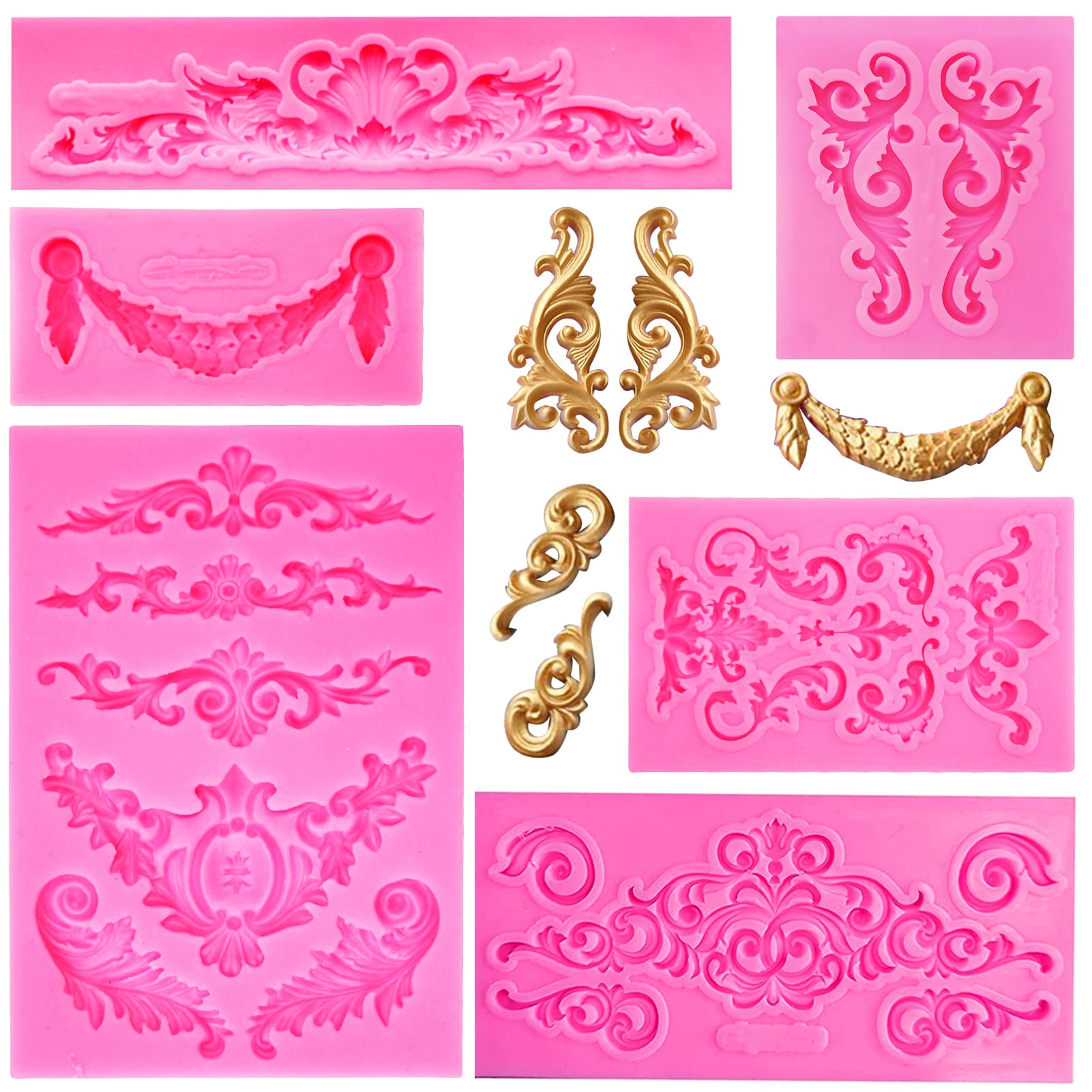Rainmae 6 Pcs Baroque Style Curlicues Scroll Lace Fondant Silicone Mold, Relief Flower Lace Mould Filigree Mold 3D Sculpted Deco