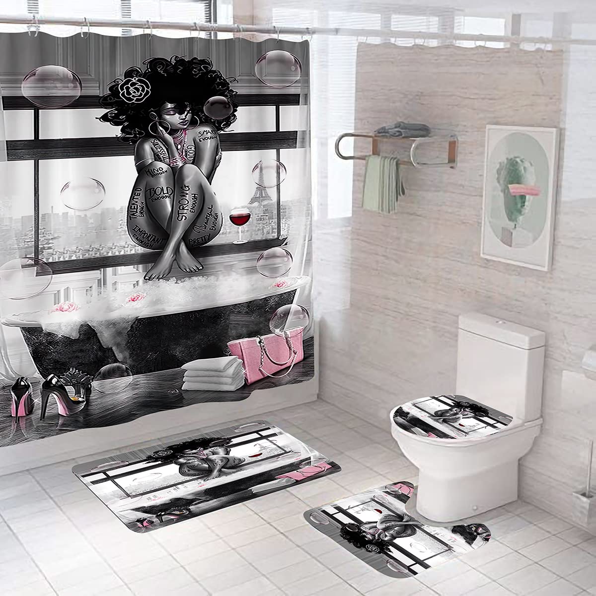 Dds-Dudes 4Pcs African American Black Girl Waterproof Shower Curtain Sets For Bathroom With Non Slip Rugs, Toilet Cover And Bath