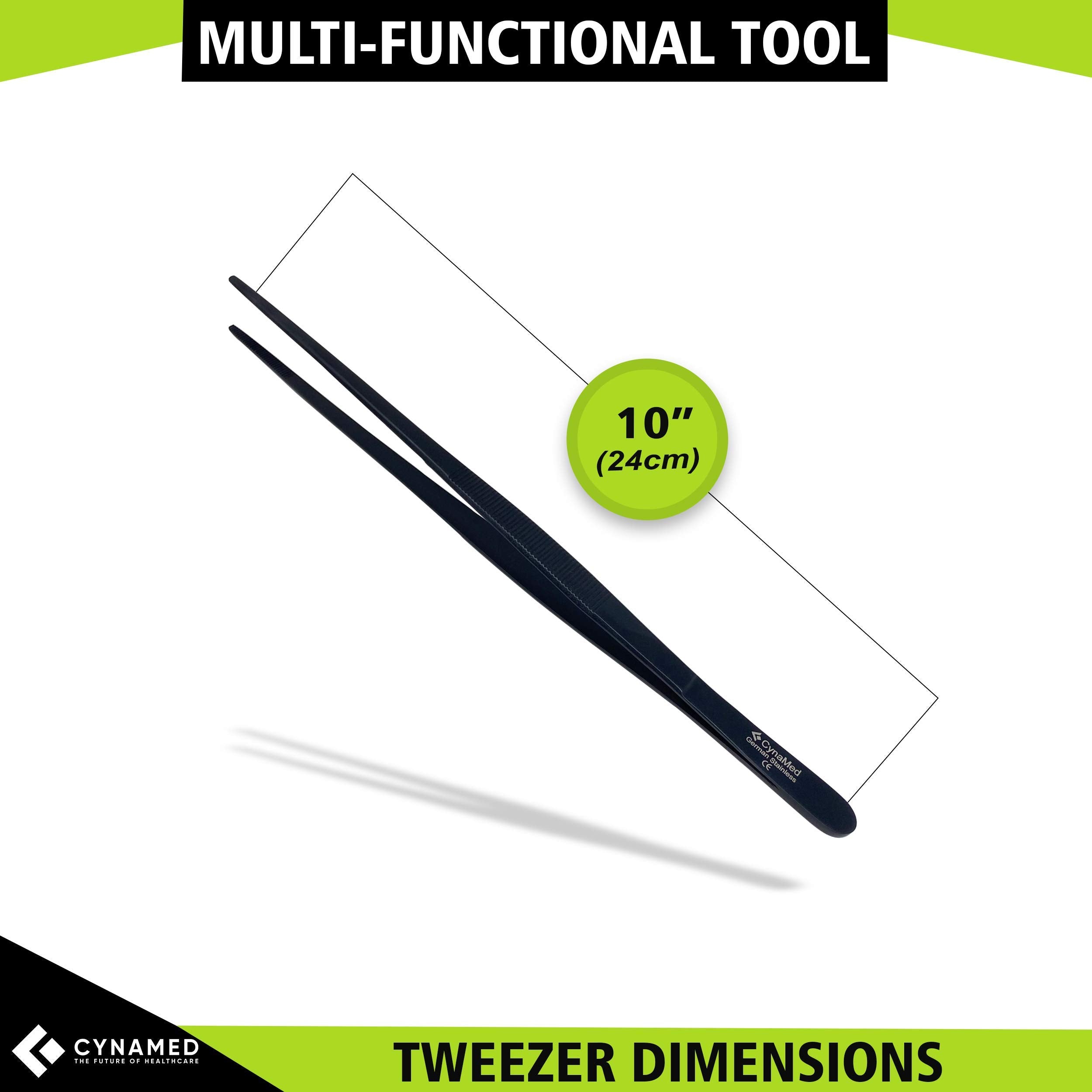 Cynamed 10    Kitchen Premium Tongs Tweezers Stainless Steel, Long With Precision Serrated Tips (Black)