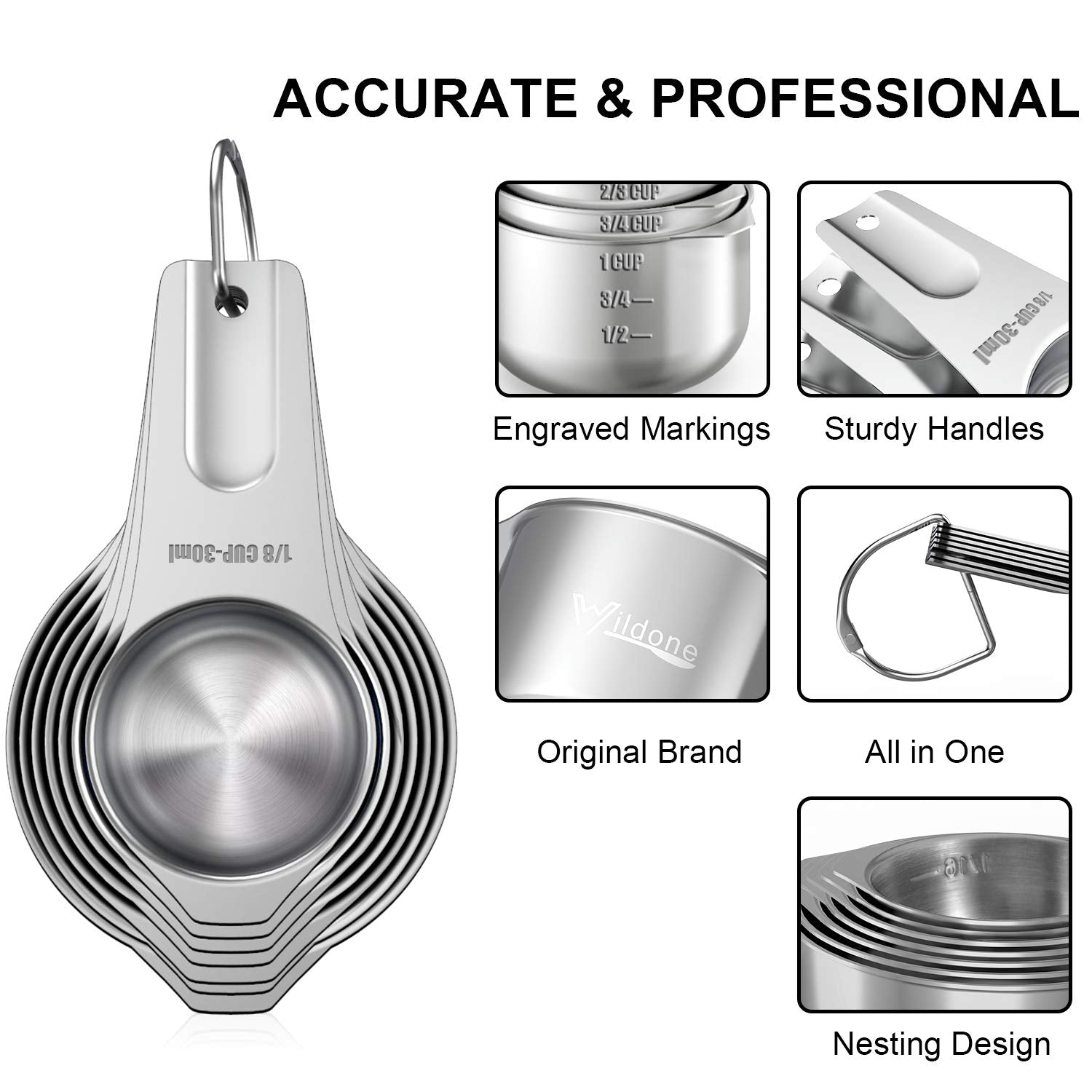 Stainless Steel Measuring Cups, Wildone Metal Measuring Cups Set With Easy To Read Markings For Measuring Dry Or Liquid Ingredie