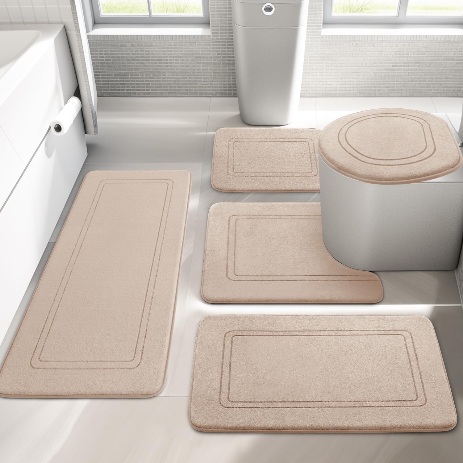 Yihouse Beige Memory Foam Bathroom Rug Set 5 Piece, Absorbent Bathroom Mat Set, Non Slip Bath Mats For Bathroom, Washable & Dry