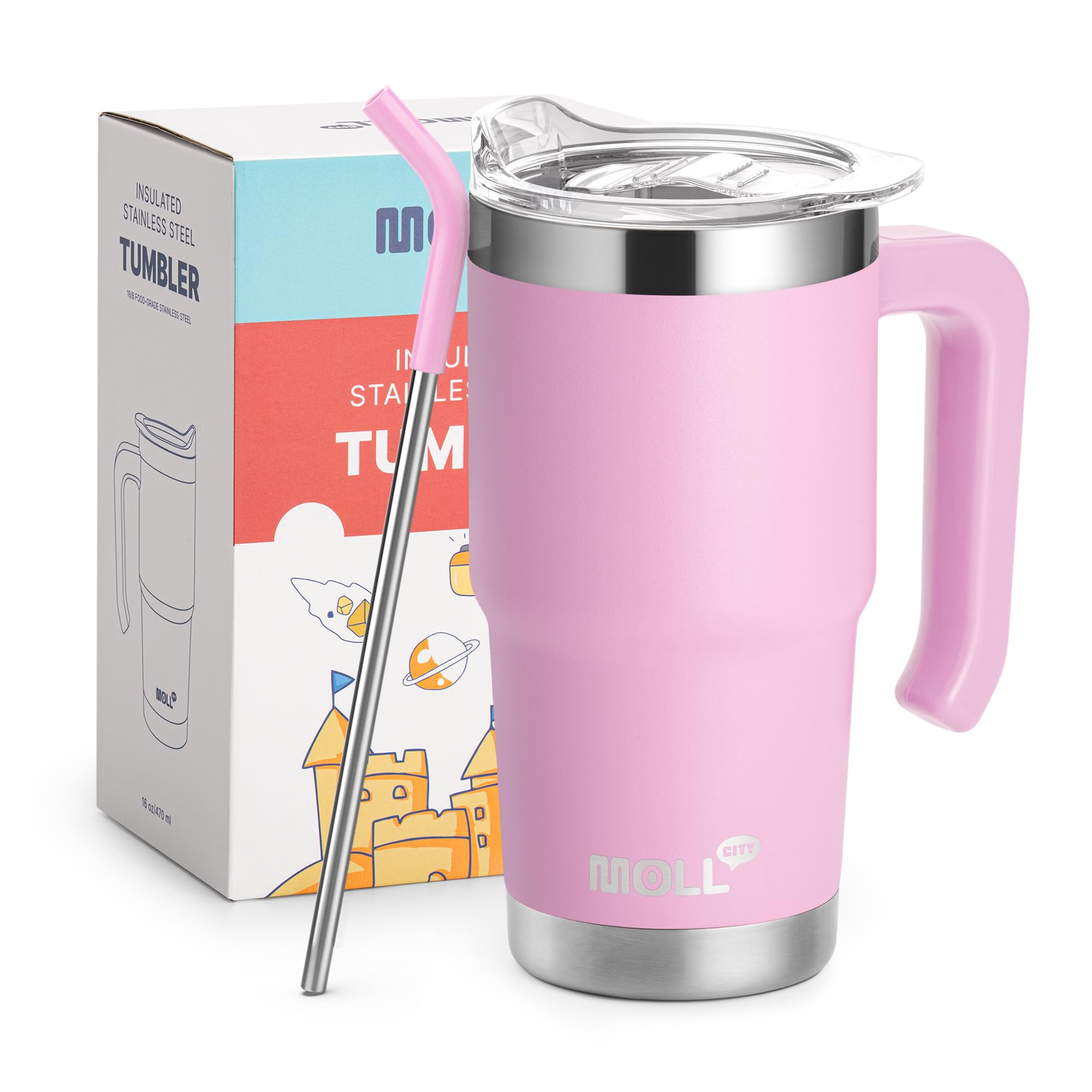 Mollcity Kids Insulated Tumbler with Handle 16 oz Stainless Steel Double Wall Vacuum Tumbler Cups Travel Coffee Mug with Lid and