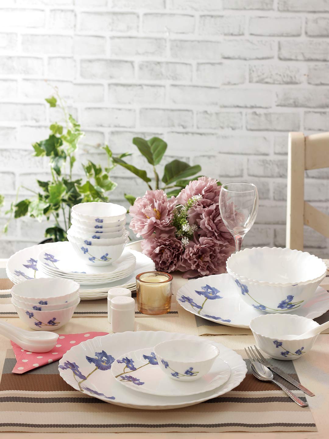 La Opala Novo Collection Opal Glass Crockery | For Family Of 6 | Dinner Set 35 Pcs Blue Orchids | Plates & Bowls For Dining | Mi