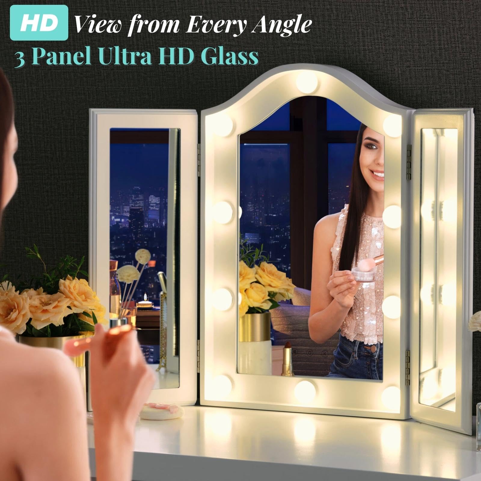 Luxfurni Vanity Lighted Tri-Fold Makeup Mirror With 10 Dimmable Led Bulbs, Touch Control Lights Tabletop Hollywood Cosmetic Mirr