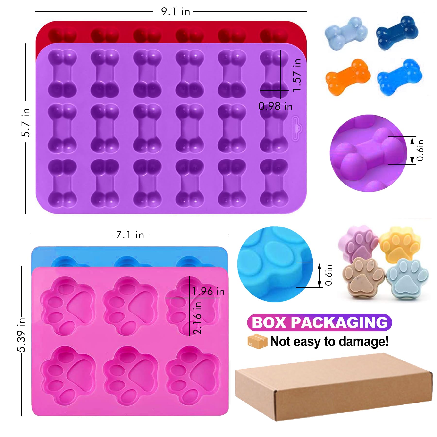 Rugvomwm Dog Treat Molds Silicone,Dog Paw And Bone Silicone Molds,Non-Stick Food Grade Silicone Moldsfor Chocolate,Candy,Jelly,D