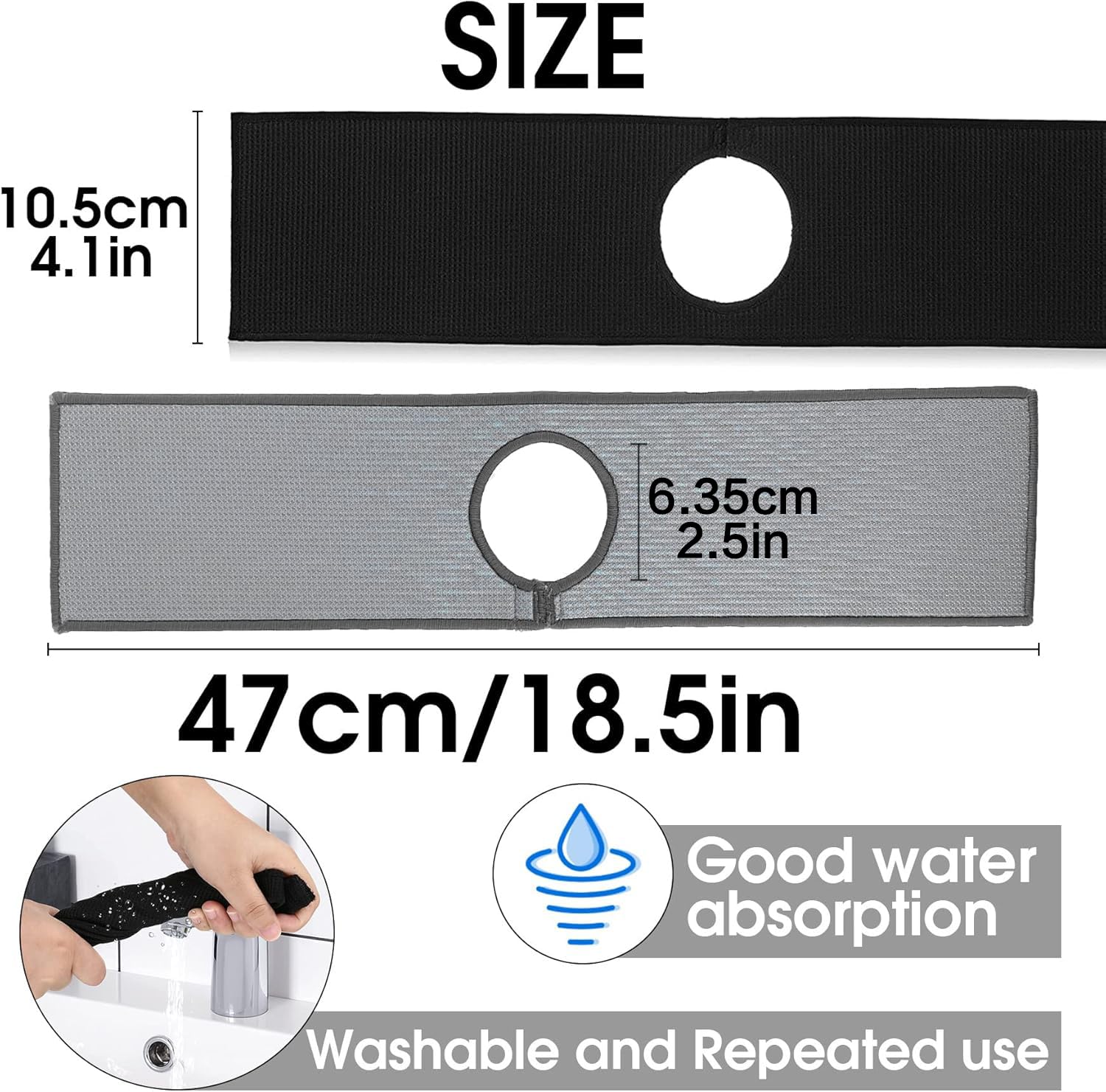 Bimkole 2 PCS Faucet Absorbent Mat  Kitchen Faucet Sink Splash Guard Wraparound Cloth Pads Sink Splash Absorbent Pad for Kitchen Bathroom Faucet Counter Sink  Black Grey  18.5 x 4 Inches