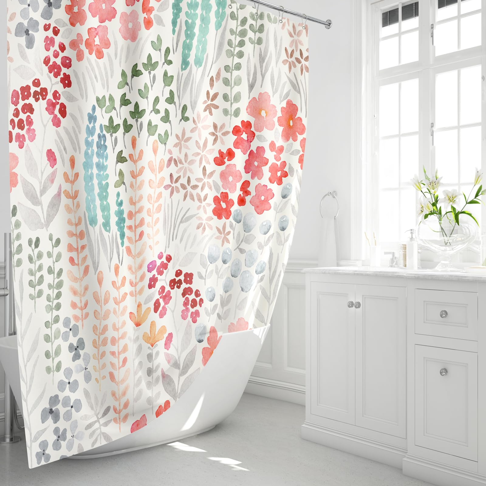 Mayzus Long Shower Curtain 72 X 78 Inch, Tall Cute Floral Shower Curtain For Bathroom, Retro Red Teal Wildflower Boho Cottagecor