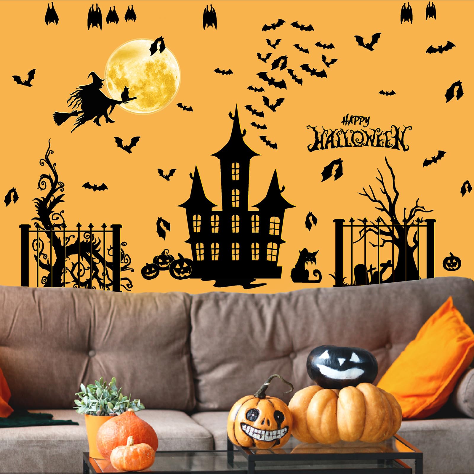 Halloween Bat Wall Decals Moon Witch Wall Stickers Large Spooky Tree Wall Decals Castle Pumpkin Vinyl Bat Wall Decals Removable