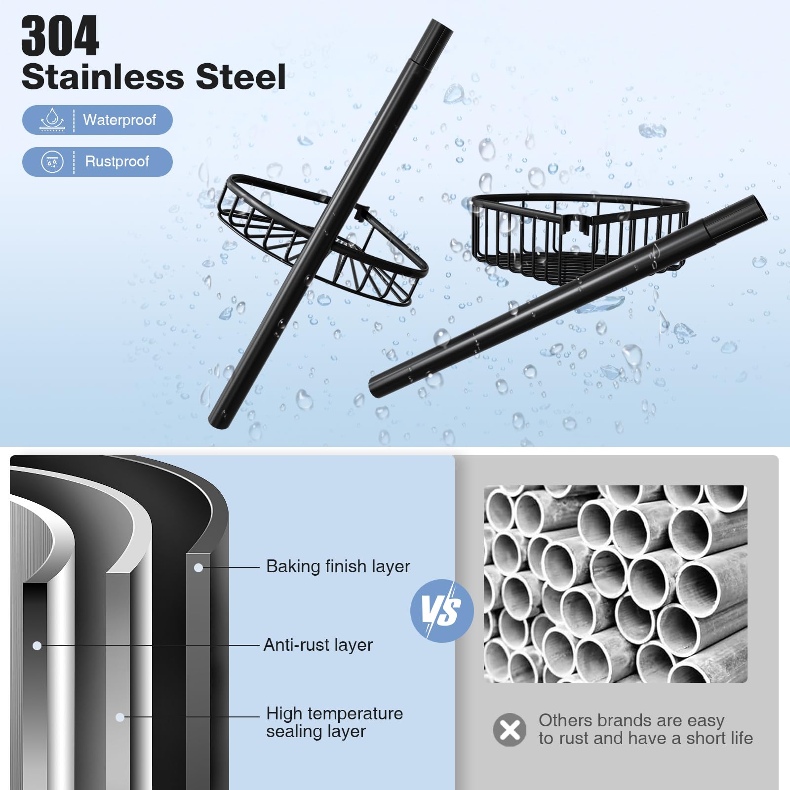 Corner Shower Caddy Tension Pole: Stainless Steel Rustproof 4-Tier Shower Organizer - 47-121 Inch Adjustable Bathroom Shelves Fo