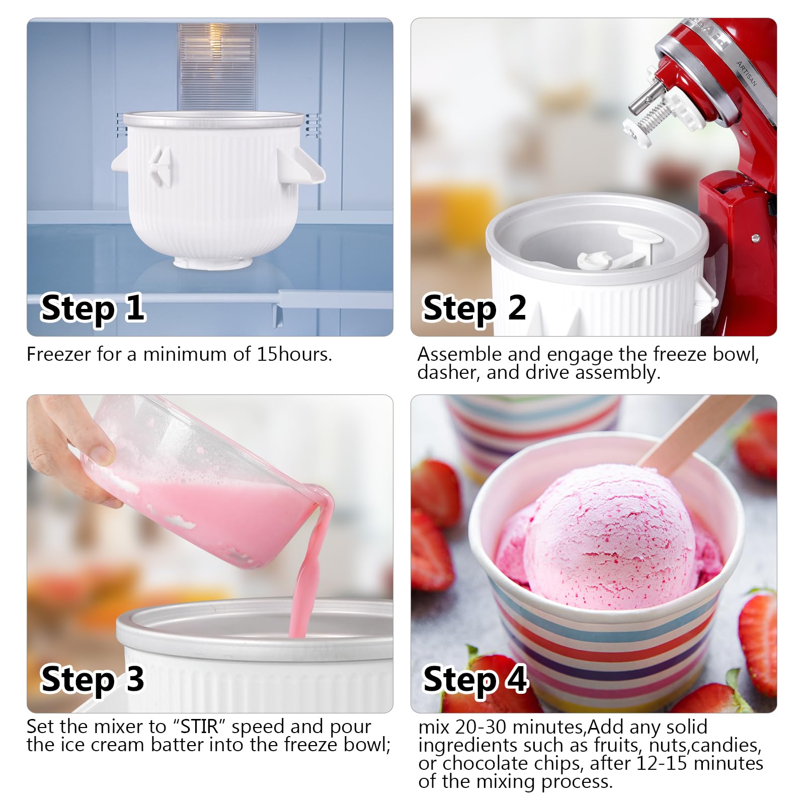 Gdrtwwh Ice Cream Attachment for Kitchenaid Stand Mixer Ice Cream & Sorbet Gelato Maker Fits Kitchenaid 4.5-5Qt Stand Mixer and 5-6-7Qt Bowl-Lift(Dishwasher Safe)