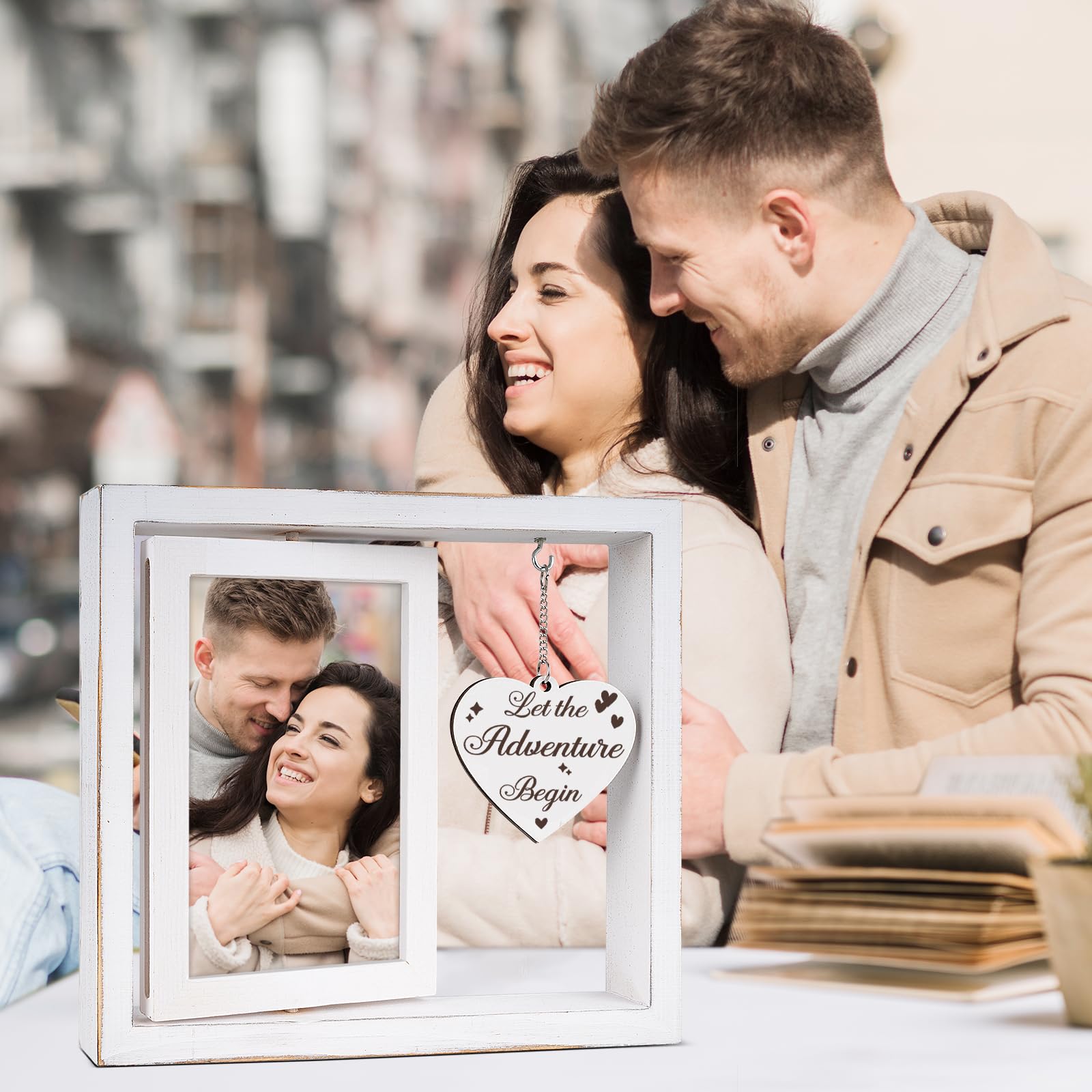 Apjielop Engagement Gifts for Couples - Rotating Floating Let the Adventure Begin Picture Frame for Newly Engaged Couples, Engag