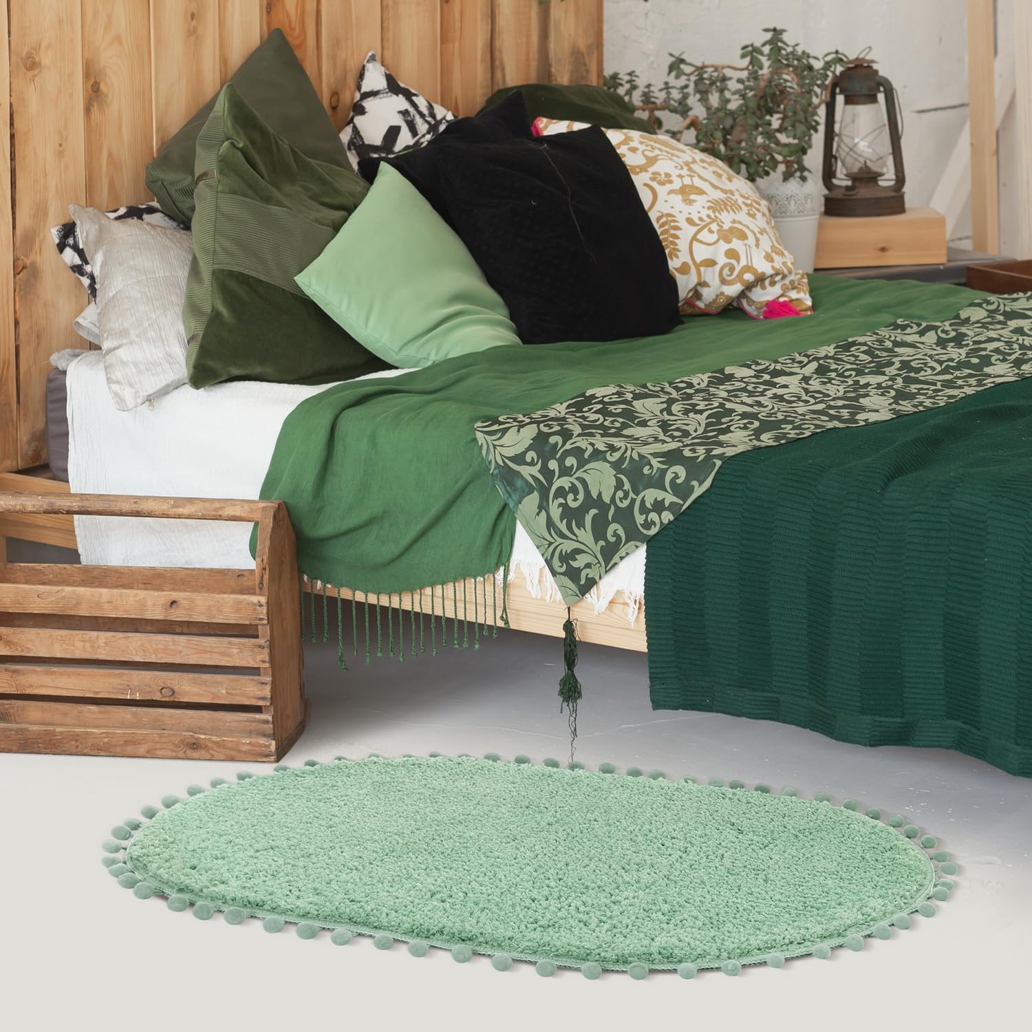Yirddeo Sage Green Pom Bath Rug For Bathroom Non Slip, Cute Boho Pom Oval Absorbent Shower Mat, Plush Soft Washable Rug (20X30 I