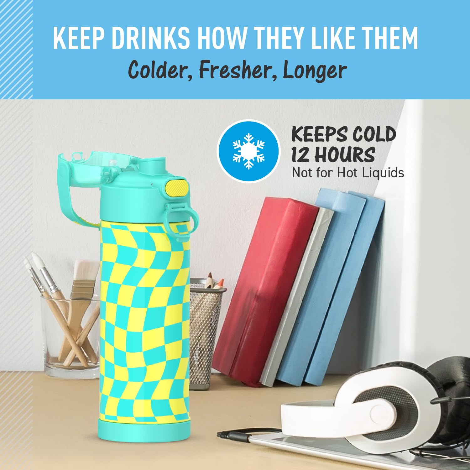 Thermos Funtainer 16 Ounce Stainless Steel Vacuum Insulated Bottle With Wide Spout Lid, Wavy Checkers Teal