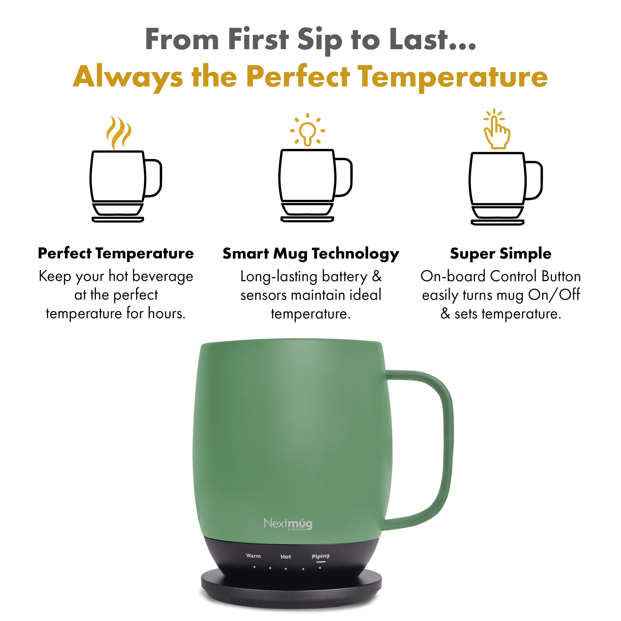 Nextmug - Temperature-Controlled  Self-Heating Coffee Mug (Sage - 14 oz.)