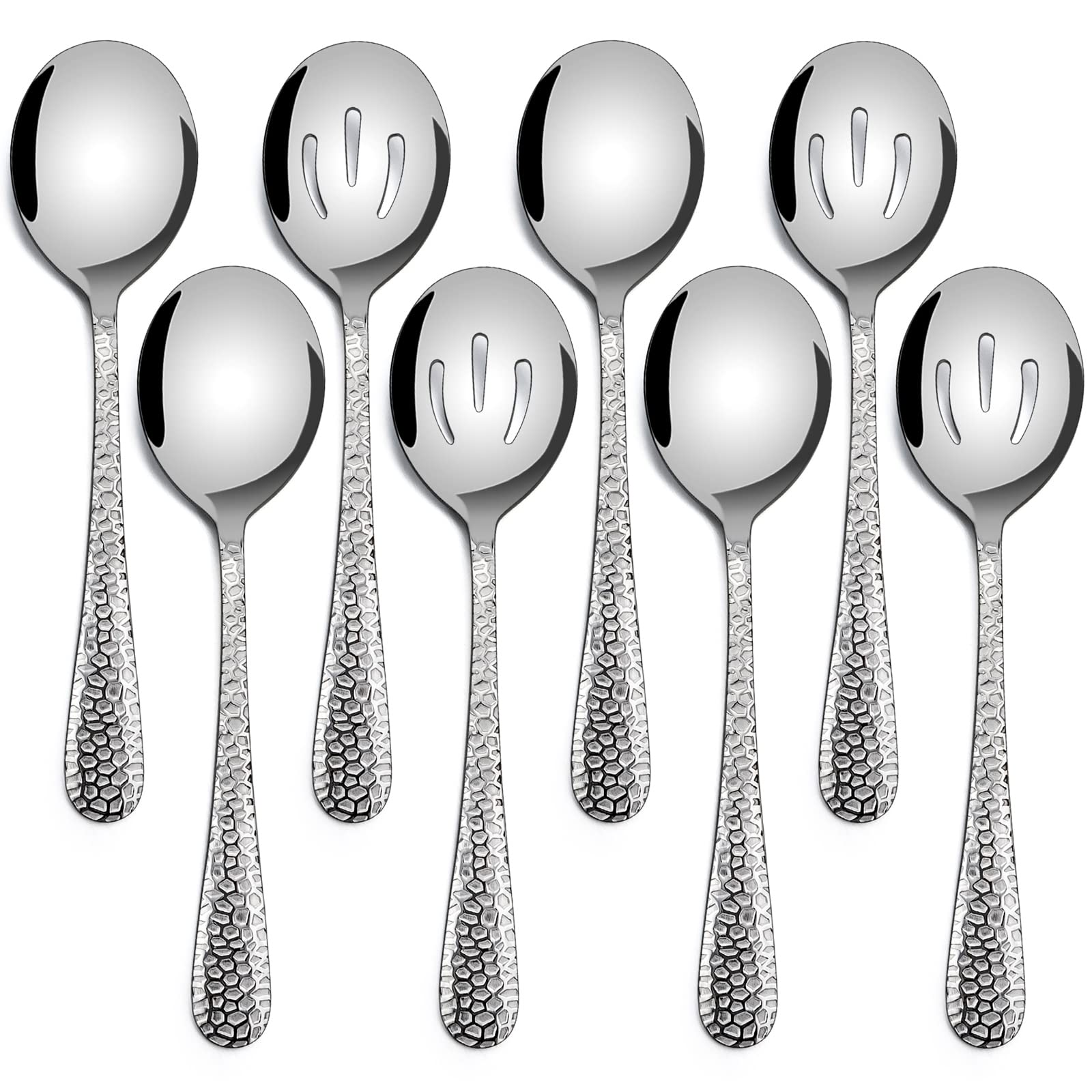 Hammered Serving Spoons, E-Far 8-Piece Metal Serving Utensils Set - Solid Spoons X 4, Slotted Spoons X 4, Stainless Steel Hostes