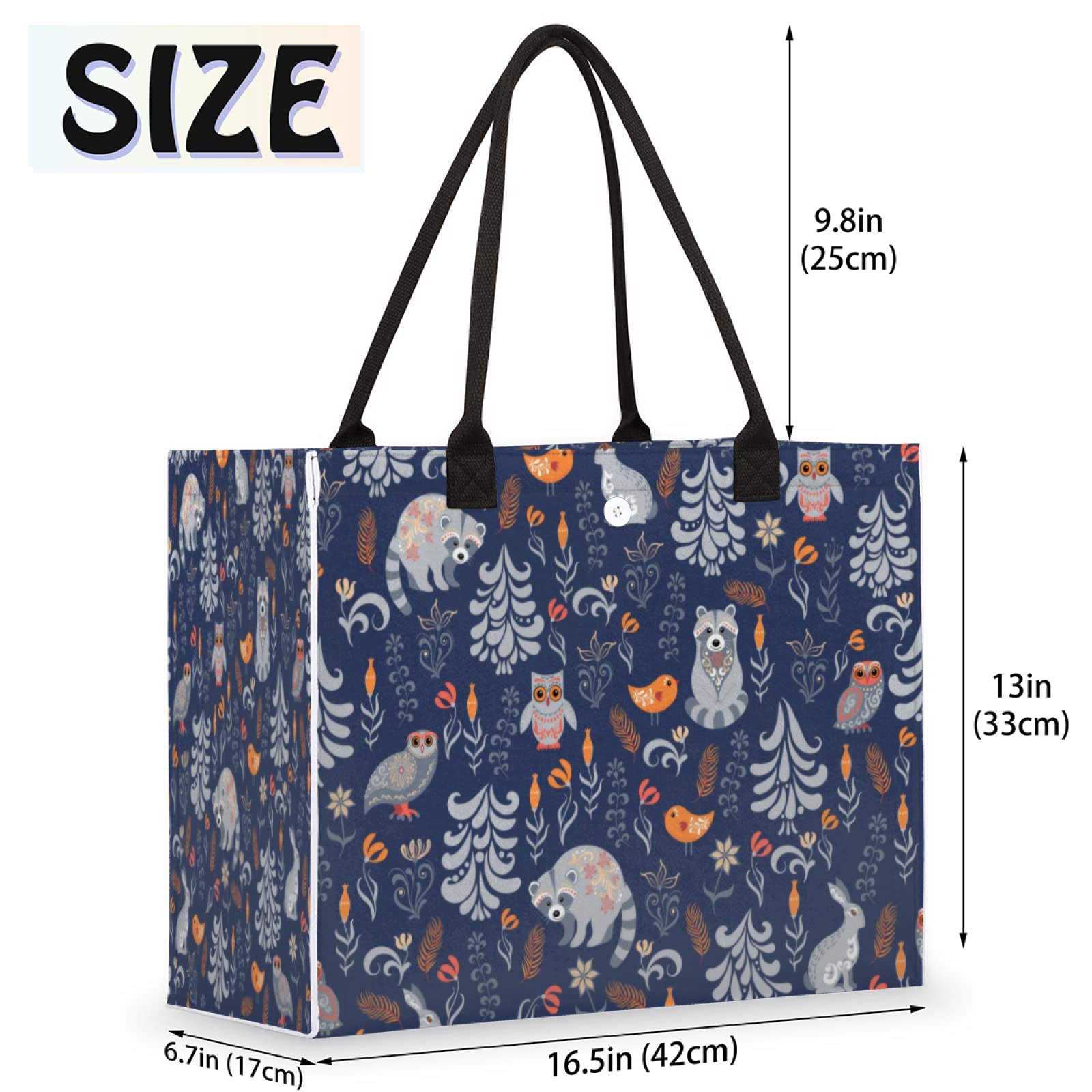 Beach Tote Bag Autumn Forest Animal Bird Raccoon Owl Rabbit Large Travel Bag Utility Tote Bag Women Shoulder Bag Reusable Grocer