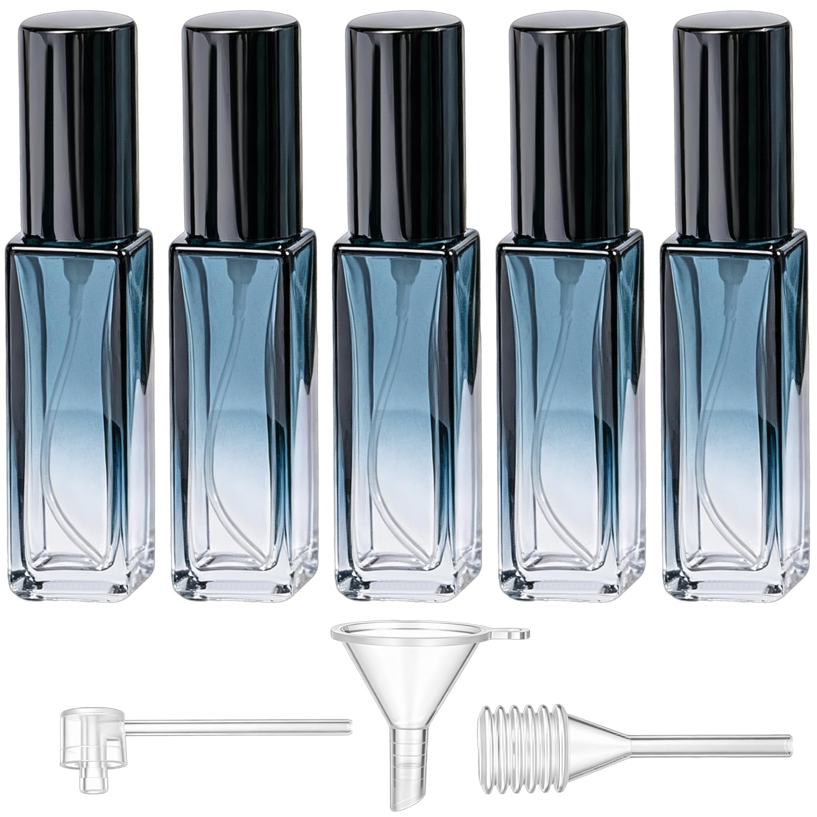 Lnrueg 5 Pcs Refillable Perfume Bottles Set, 3.4 x 0.7 in 10ml Bottles with Funnel and Pipette, Gradient Blue Glass Travel Perfu