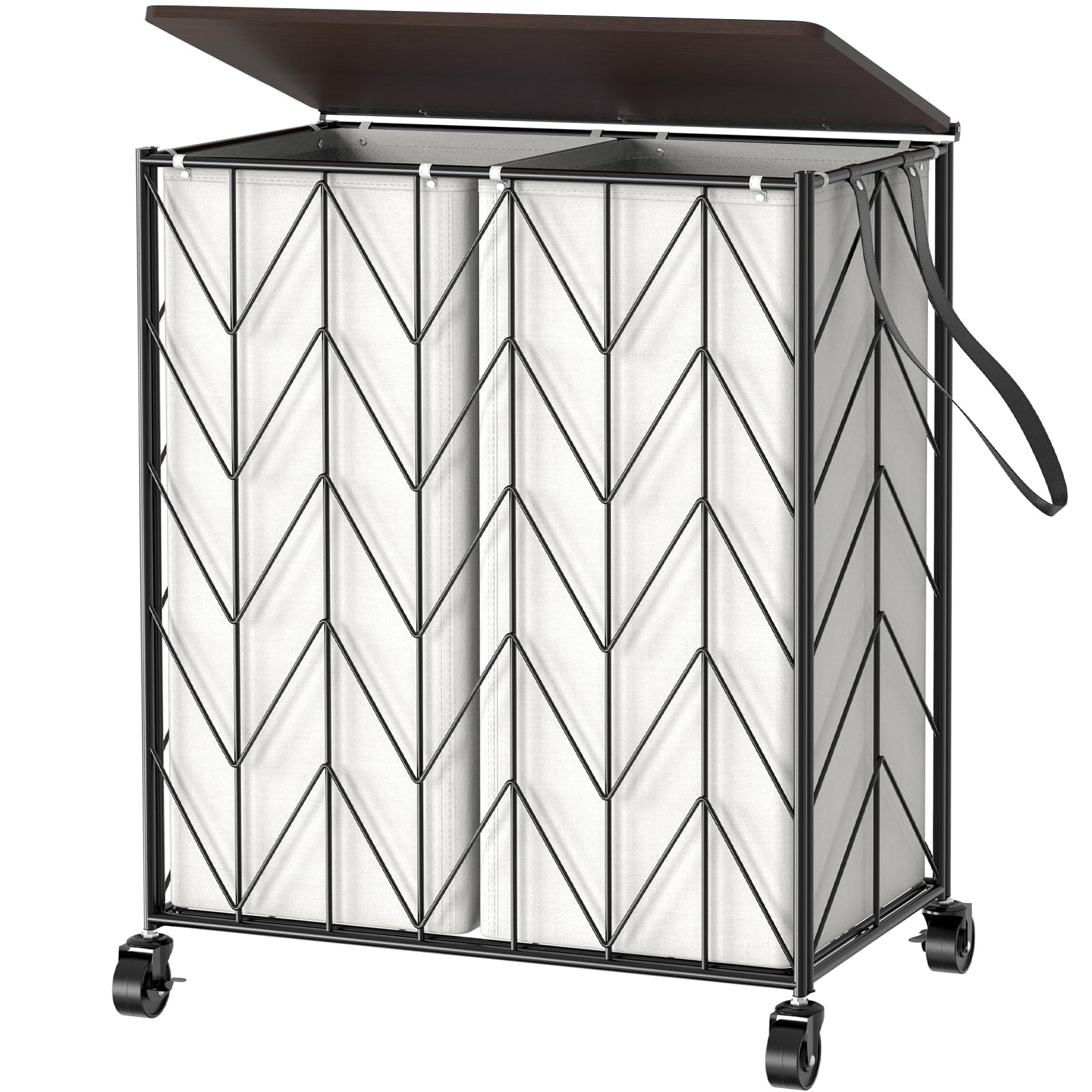 WOWLIVE Laundry Basket with Wheels  Heavy Duty Laundry Hamper with Wood Lid  Clothes Hamper with Divided Removable Liner Bag  Large Capacity Iron-Made Laundry Sorter Laundry Room Organization (Beige)