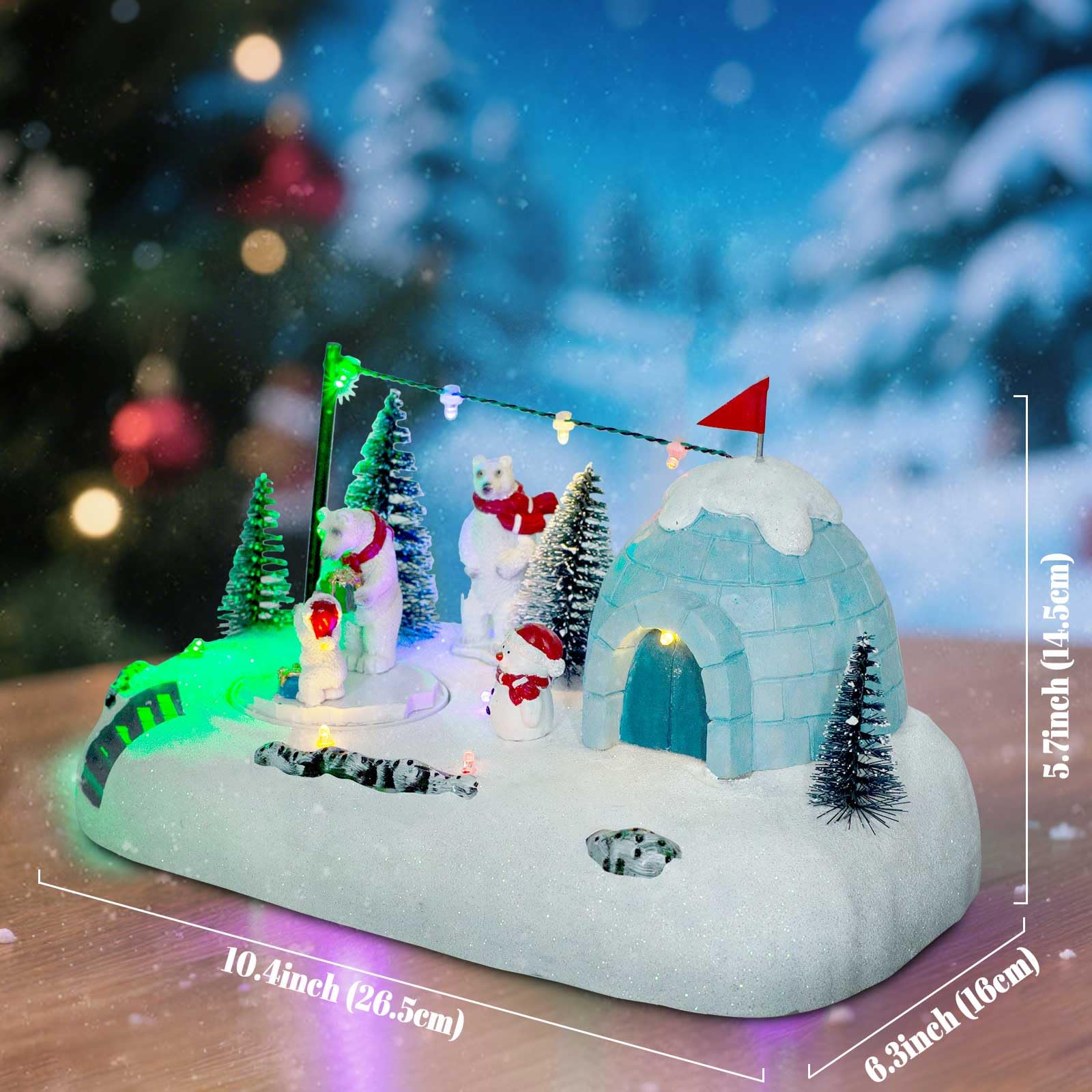 innodept12 Animated Christmas Polar Bear Village Scene - LED Lighted Igloo Winter Diorama with Snowman, Resin Figurines & Rotati