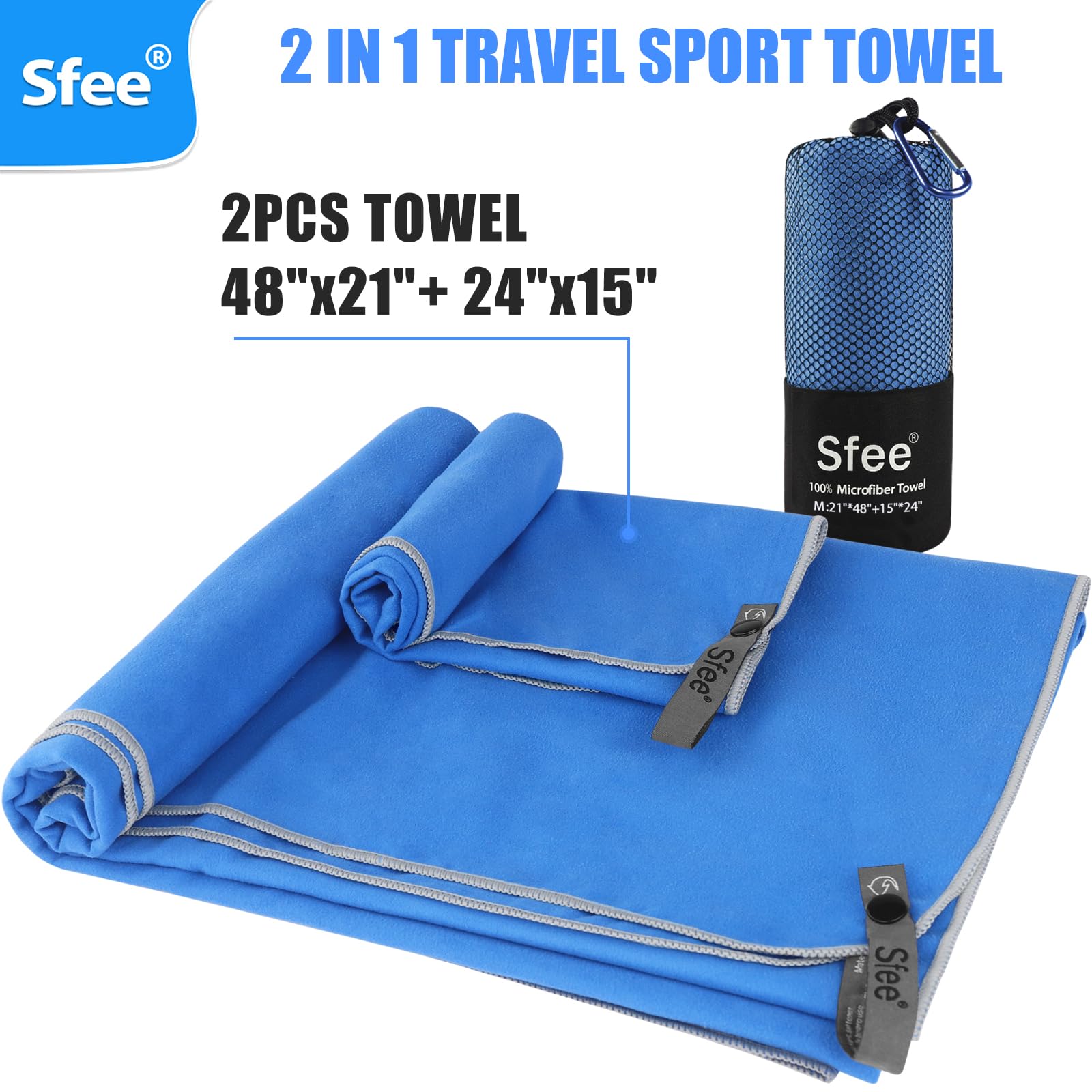 Sfee 2 Pack Microfiber Travel Towel  Quick Dry Towel Camping Towel Super Absorbent Compact Lightweight Sports Towel Swim Towel Gym Towel Beach Towel Set for Gym  Hiking  Pool  Backpacking  Bath  Yoga