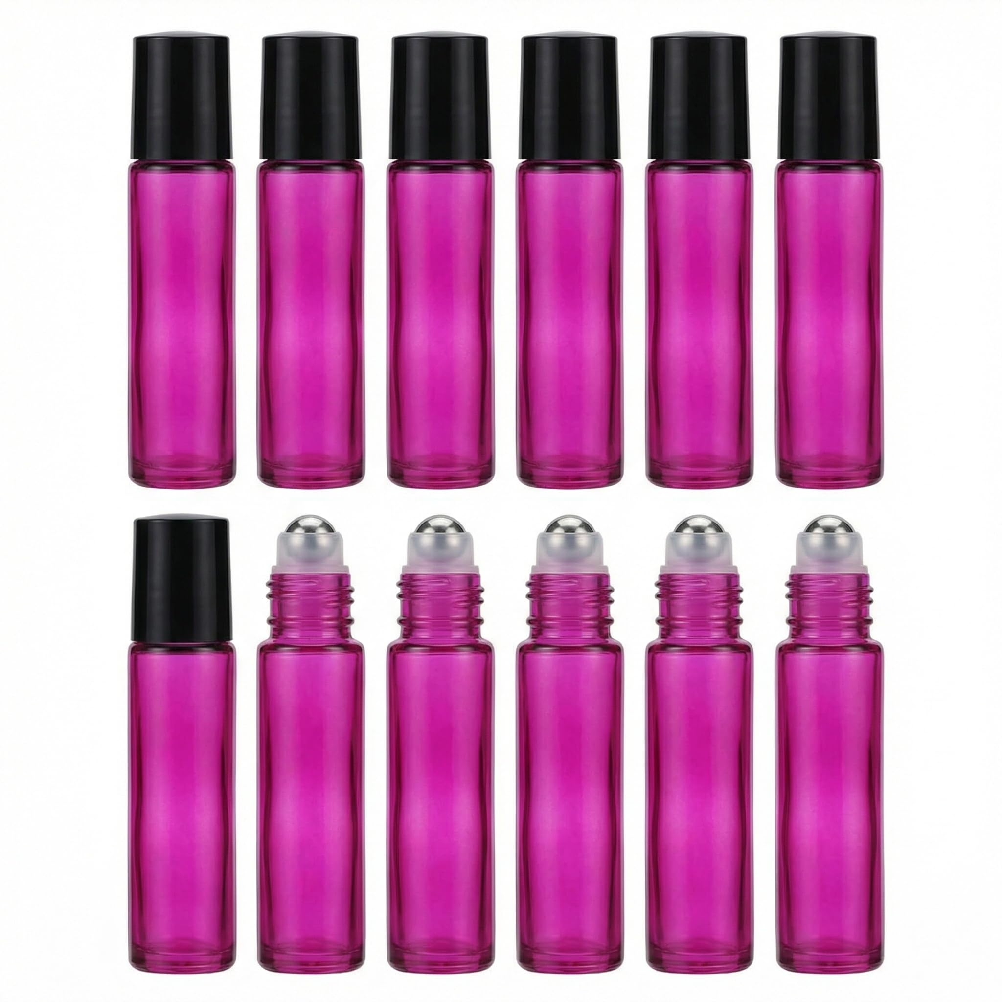 12PCS 10ML 0.3OZ Hot Pink Empty Glass Roller Bottles with Stainless Steel Roller Balls and Black Cap Essential Oil Perfume Holde