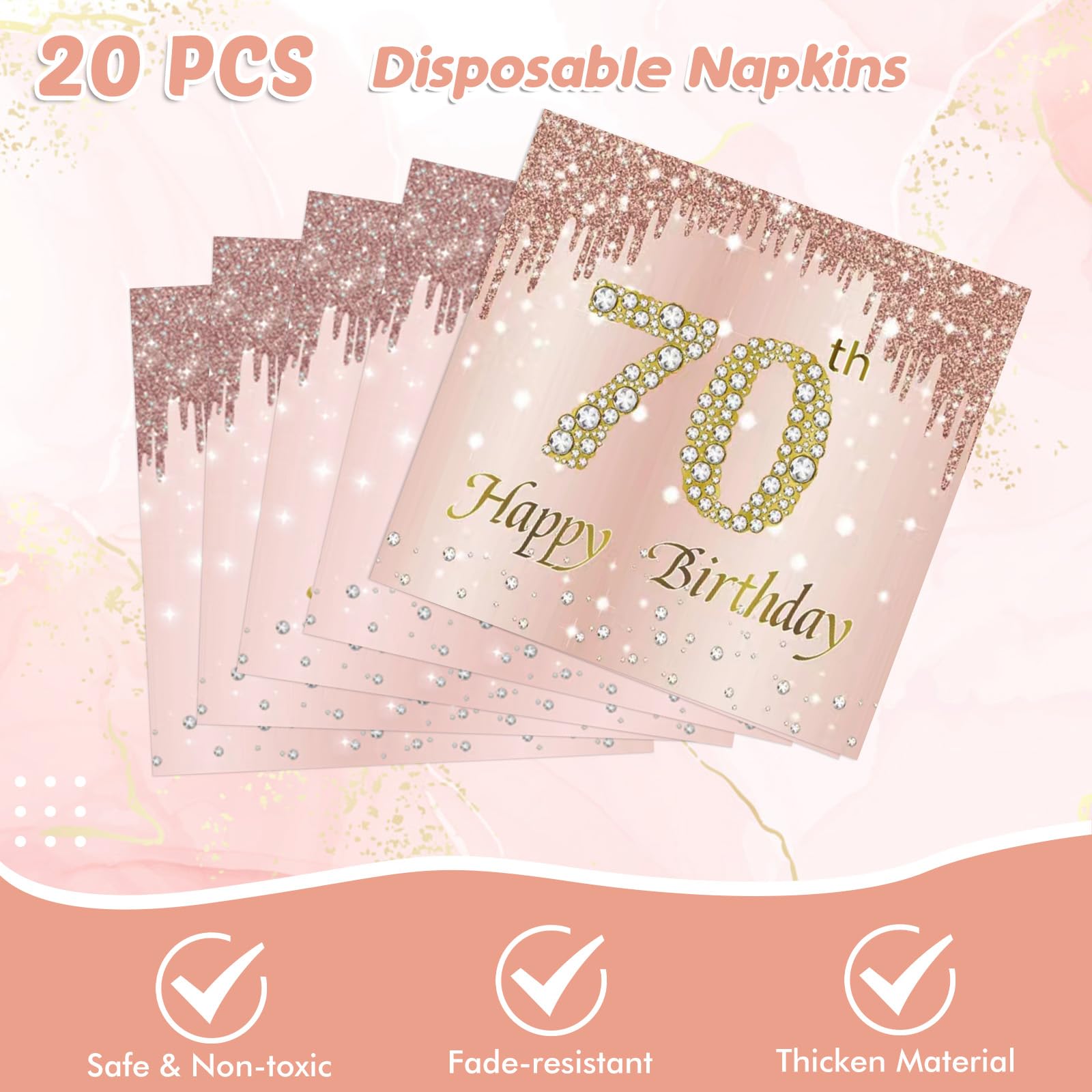 41Pcs 70Th Birthday Decorations, Rose Gold Birthday Party Supplies Include 20Pcs Plates 20Pcs Napkins And 1Piece Tablecloth, Swe