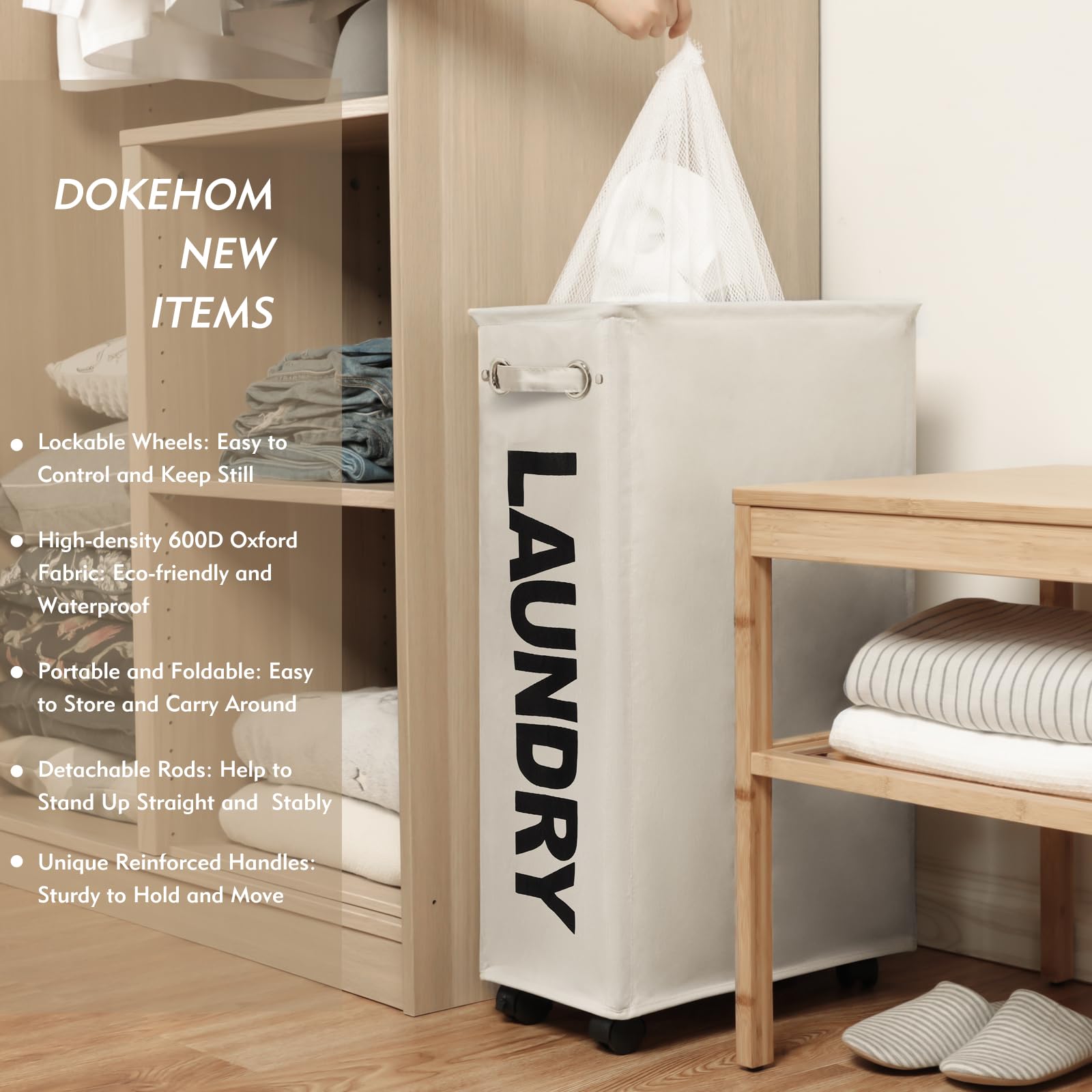 Dokehom 29-Inches Enlarged Slim Laundry Basket With Removable Wash Bag On Wheels, Collapsible Rolling Laundry Hamper, Foldable N