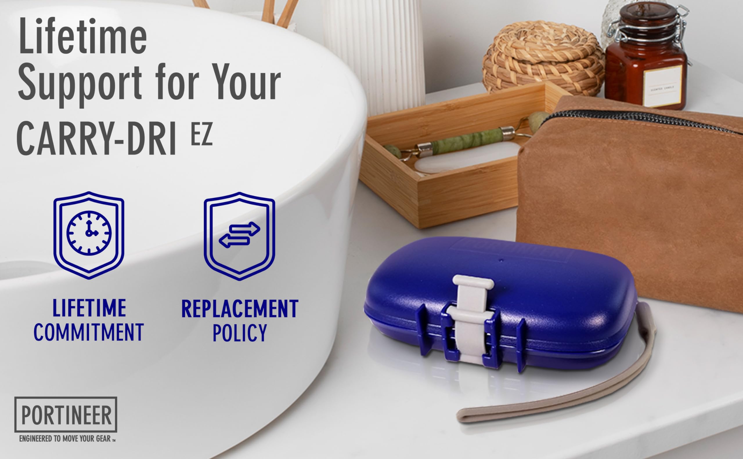 Carry-Dri EZ Travel Soap Container by PORTINEER - Soap Bar Case Lets Soap Dry with Lanyard  Silicone Closure  Soap Holder Travel  Leakproof Soap Box with Patented Vents  Travel Soap Dish  Blue-Grey