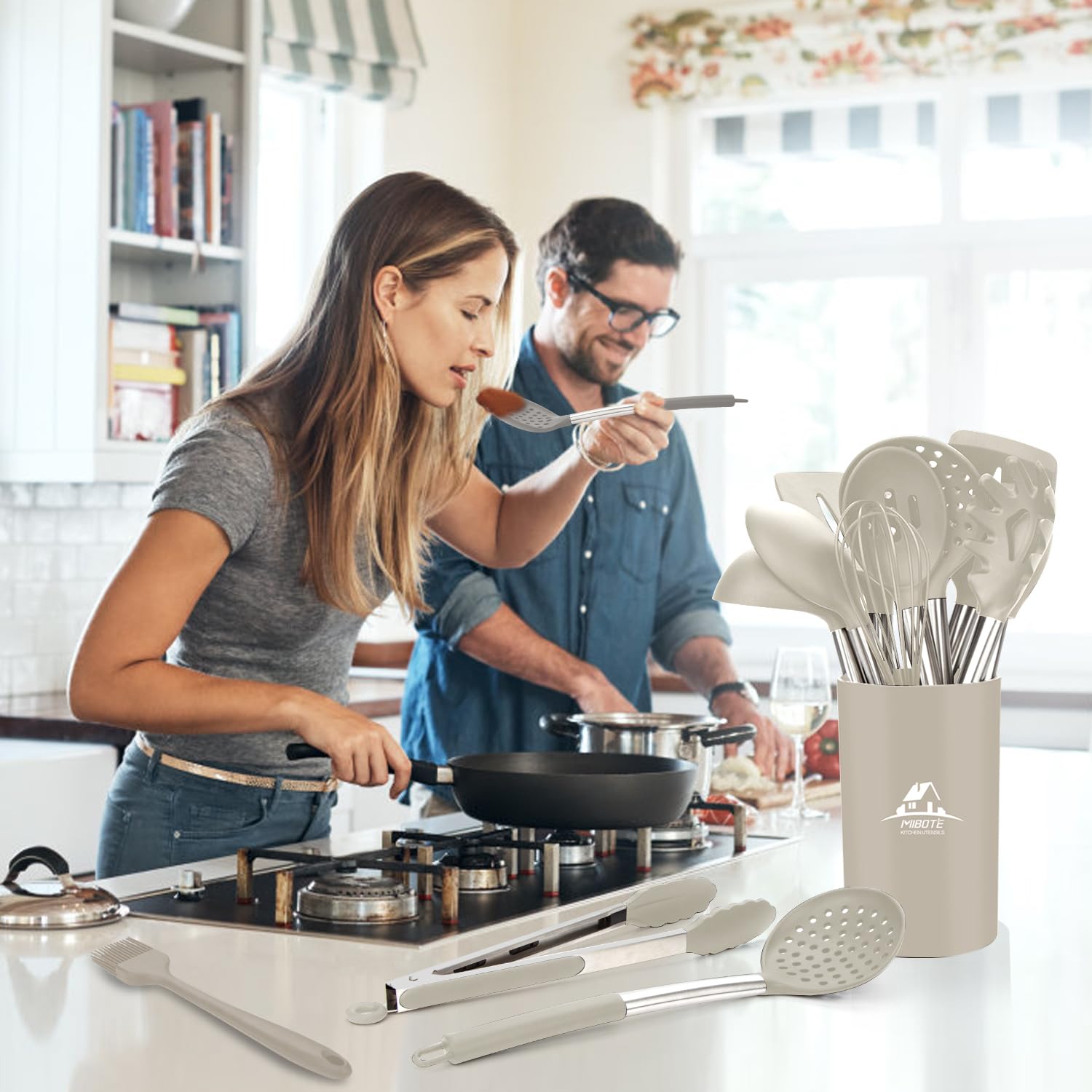 Silicone Kitchen Cooking Utensil Set, Silicone Kitchen Spatula Utensils Set With Stainless Steel Handle,Non-Stick Heat Resistant